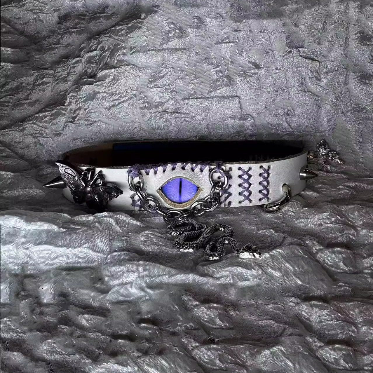 2-in-1 Gothic White Leather Choker & Wrap Bracelet - Purple Dragon Eye Snake & Moth Necklace - Grunge Silver Charms