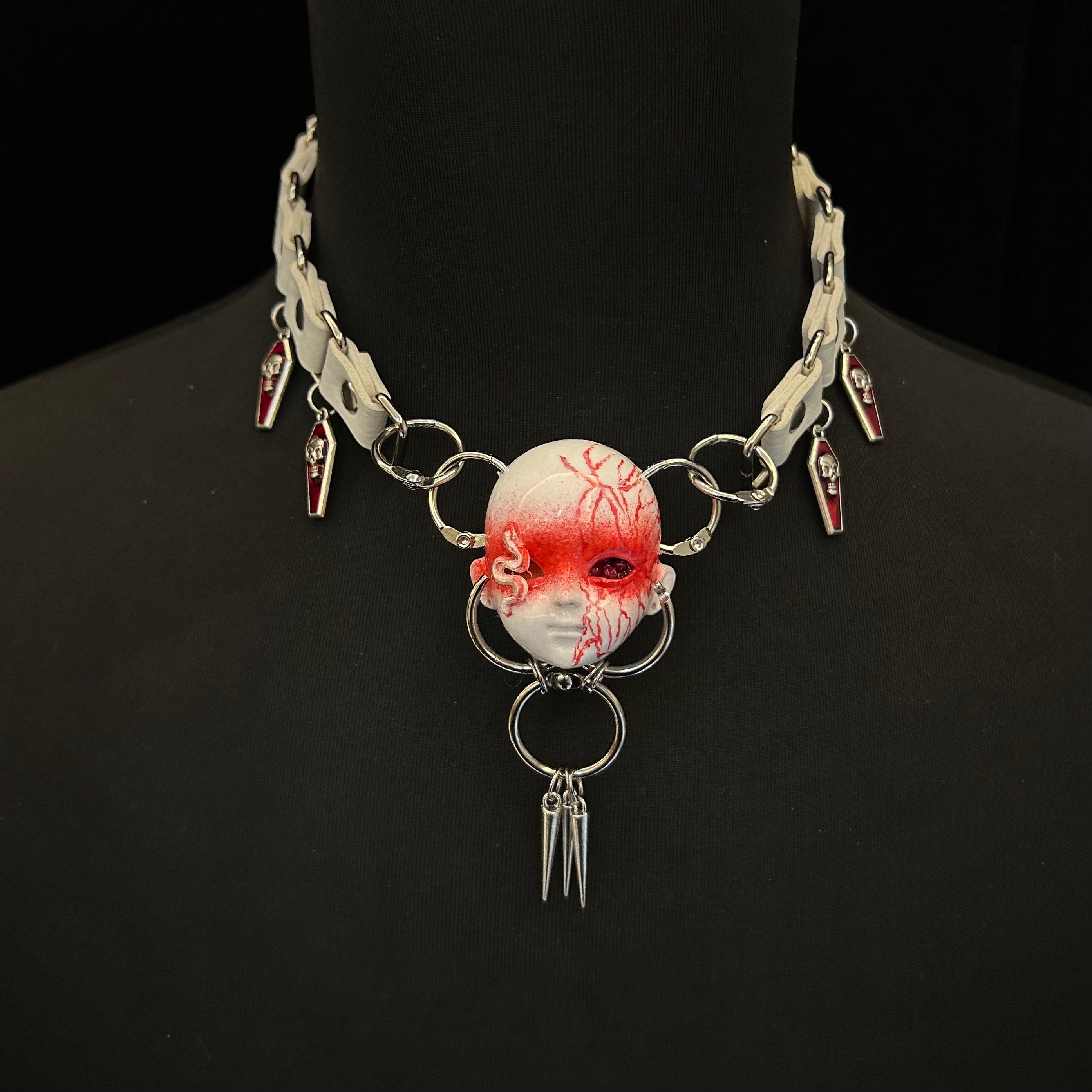 Bio-Horror "Infected" Doll Face Choker with White Snake & Red Veins - White Leather Bondage Straps