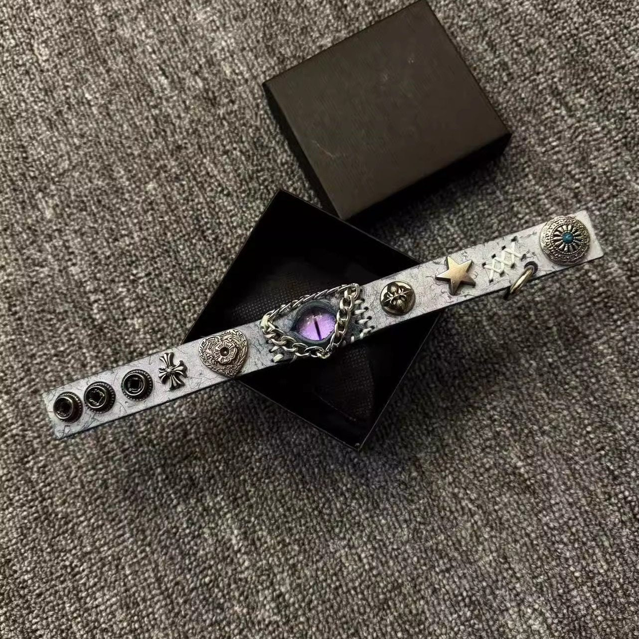 Celestial Ice Blue Leather Bracelet - Purple Dragon Eye Cuff - Star Studded Fantasy Wristband - Galaxy Aesthetic