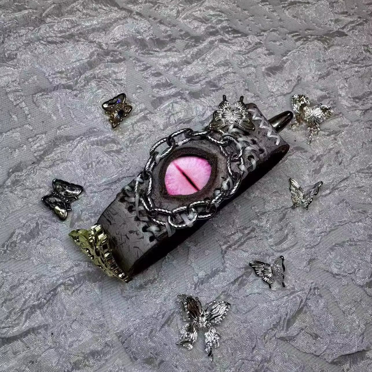 Vintage Grunge Grey Leather Bracelet - Pink Dragon Eye Cuff with Gold Moth Charms - Fairy Grunge Fantasy Wristband