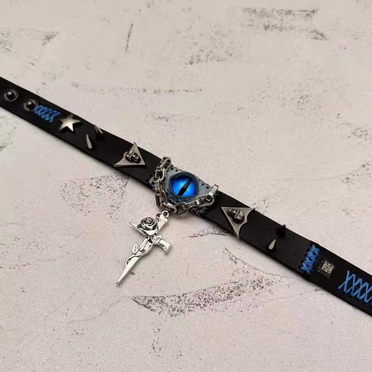 2-in-1 Gothic Black Leather Choker & Wrap Bracelet - Blue Dragon Eye Necklace - Silver Gun & Rose Charm - Punk Rock Jewelry