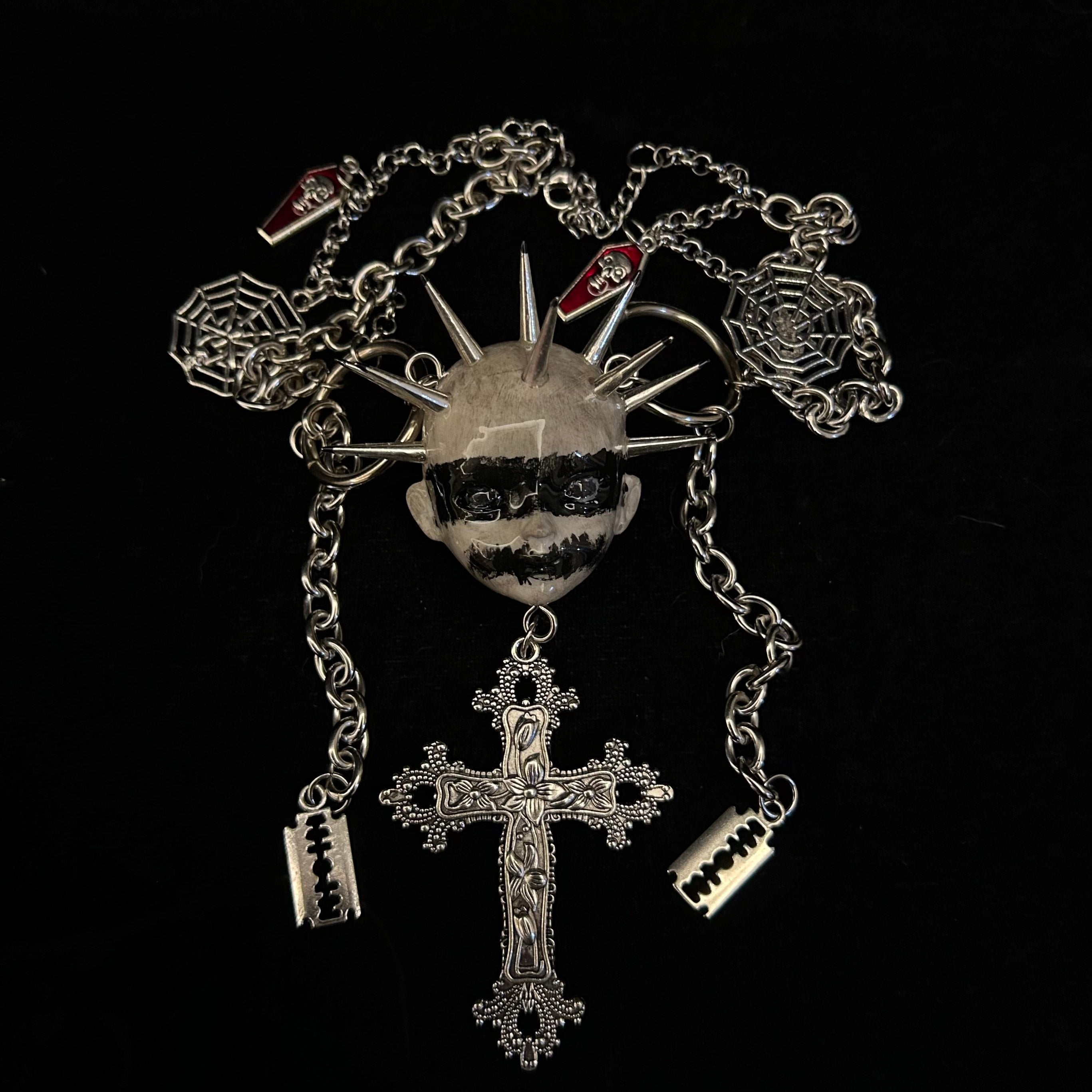 Black Metal "Corpse Paint" Spiked Doll Face Necklace - Ornate Cross & Razor Blade Charms
