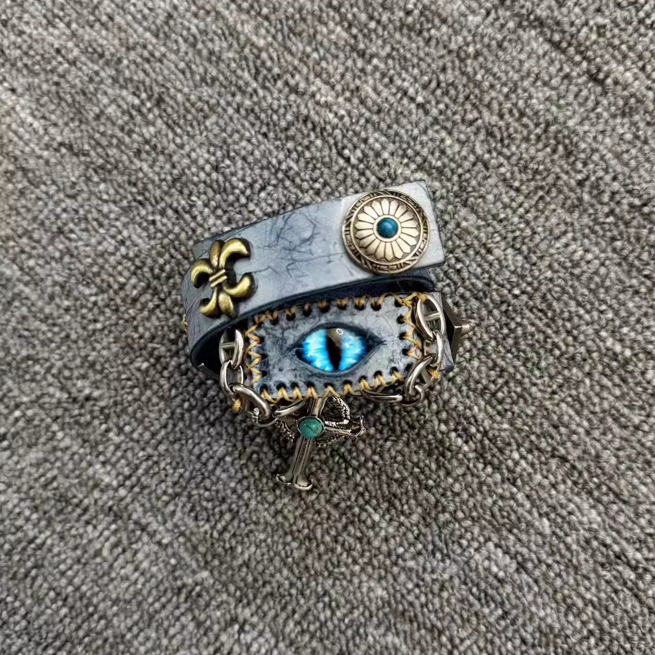 2-in-1 Vintage Blue Leather Choker & Wrap Bracelet - Blue Dragon Eye Cross Necklace - Fleur-de-lis Charm - Medieval Style