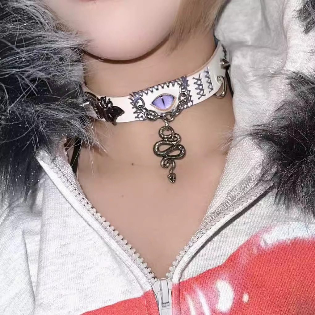 2-in-1 Gothic White Leather Choker & Wrap Bracelet - Purple Dragon Eye Snake & Moth Necklace - Grunge Silver Charms