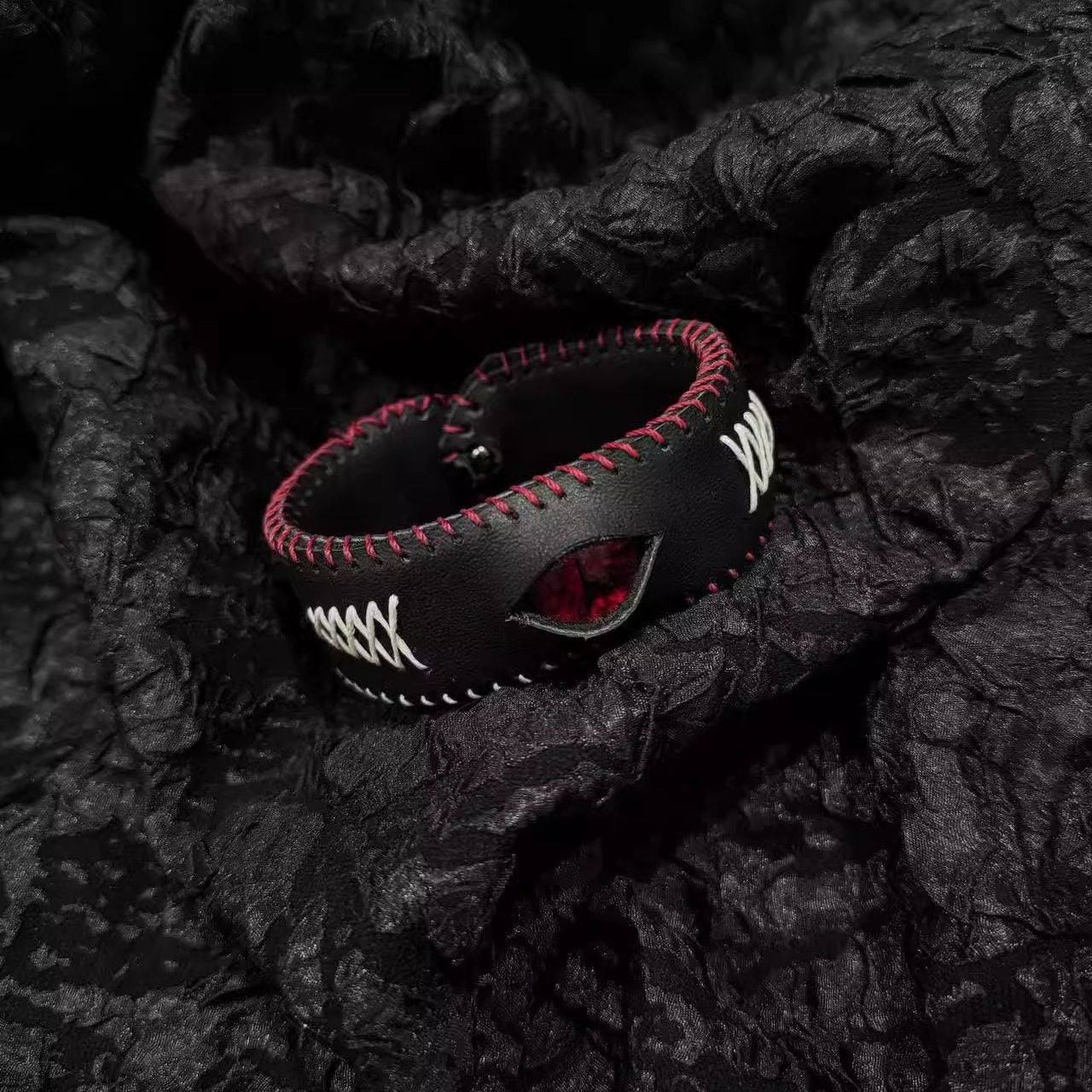 Gothic Black Leather X-Stitch Bracelet - Red Dragon Eye Cuff - Red Border & Silver Studs - Dark Ritual Wristband