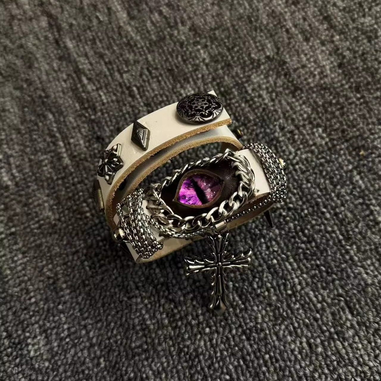 2-in-1 Gothic White Leather Choker & Wrap Bracelet - Purple Dragon Eye Cross Necklace - Convertible Punk Jewelry