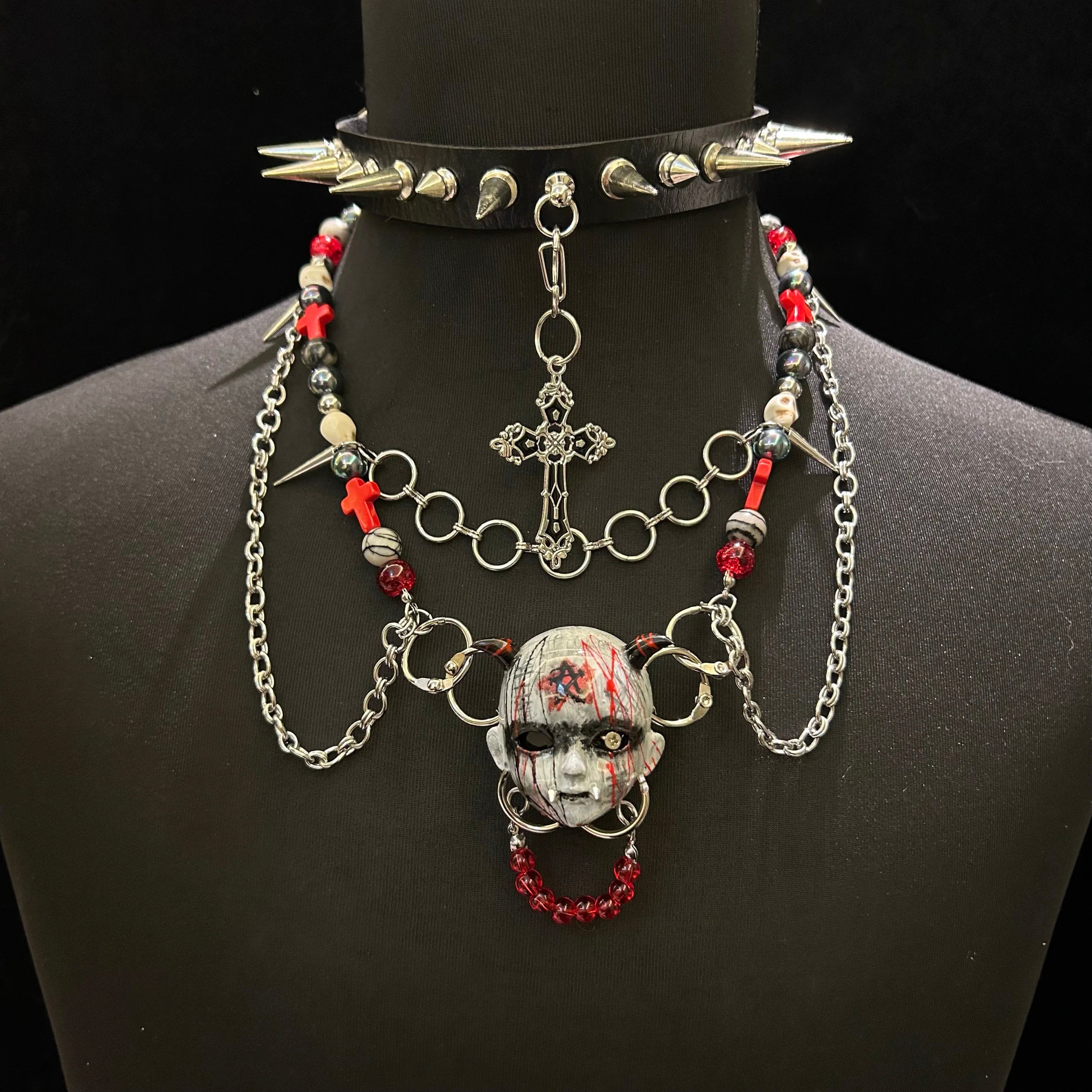 Occult Vampire Demon Doll Face Necklace - Bloody Pentagram, Fangs & Heavy Chains With Chocker