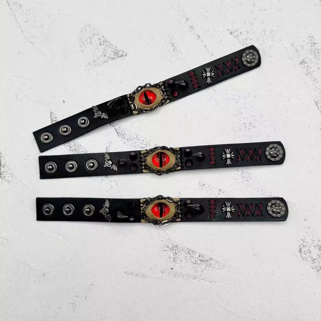 Gothic Dragon Eye Leather Bracelet - Spiked Punk Wristband - Realistic Demon Eyeball Cuff