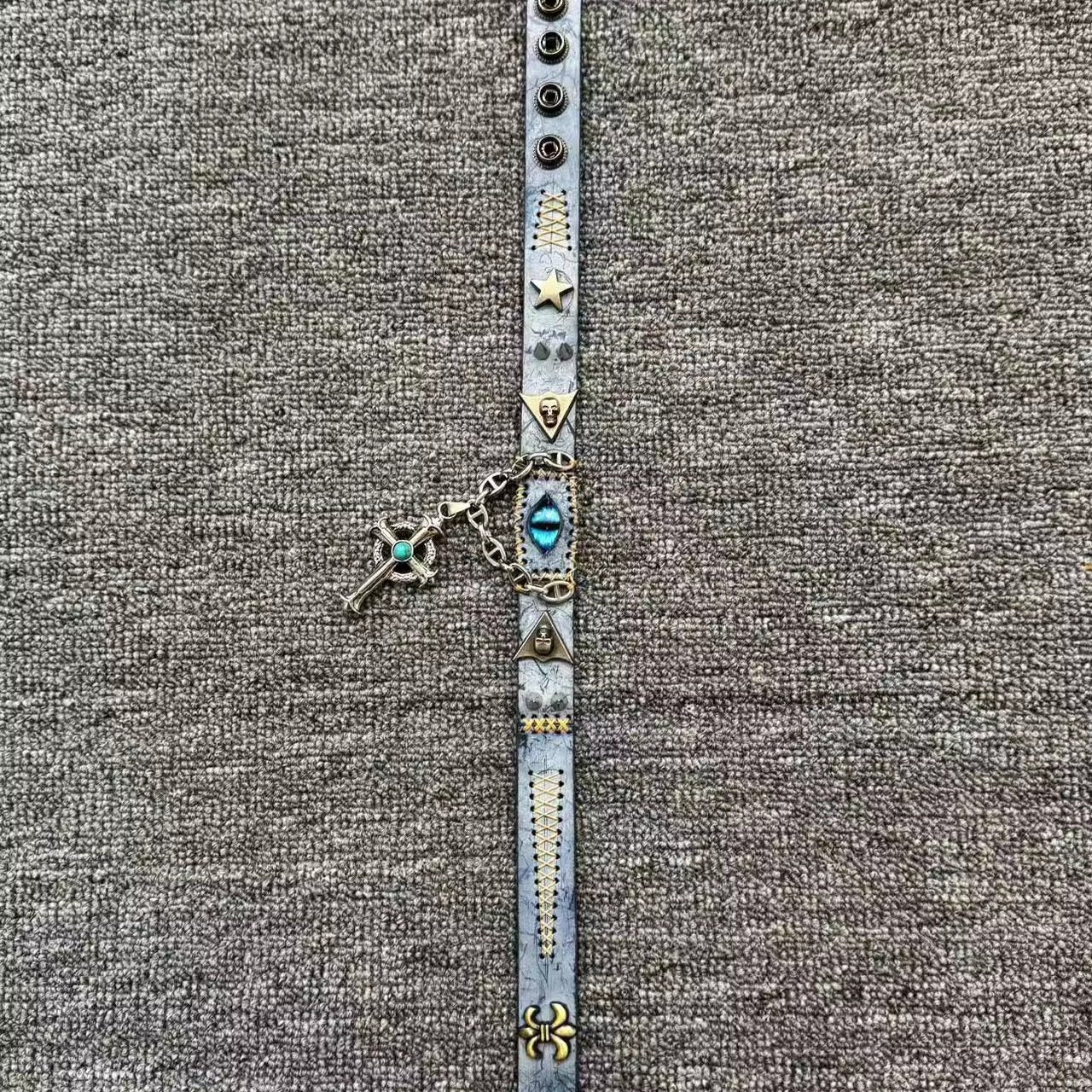 2-in-1 Vintage Blue Leather Choker & Wrap Bracelet - Blue Dragon Eye Cross Necklace - Fleur-de-lis Charm - Medieval Style