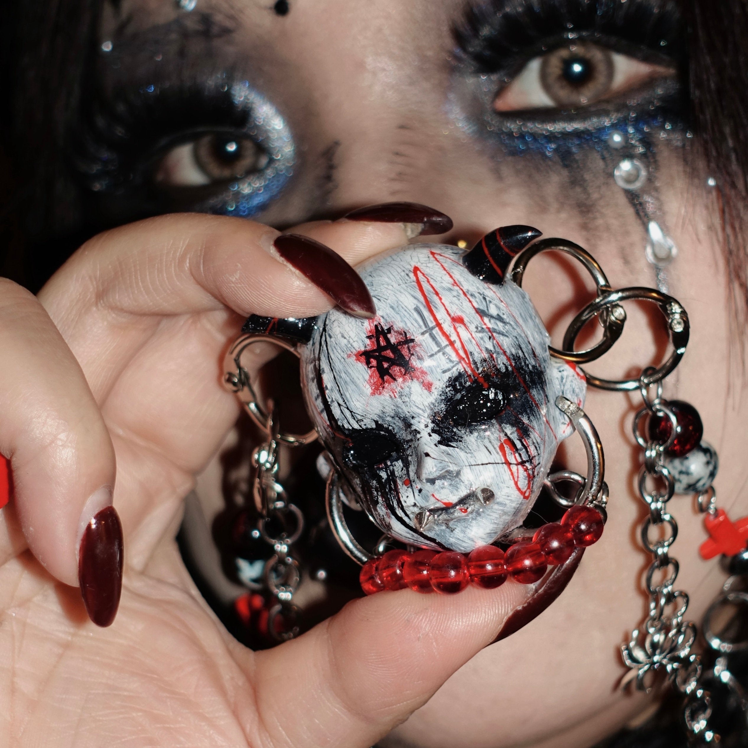 Occult Vampire Demon Doll Face Necklace - Bloody Pentagram, Fangs & Heavy Chains With Chocker