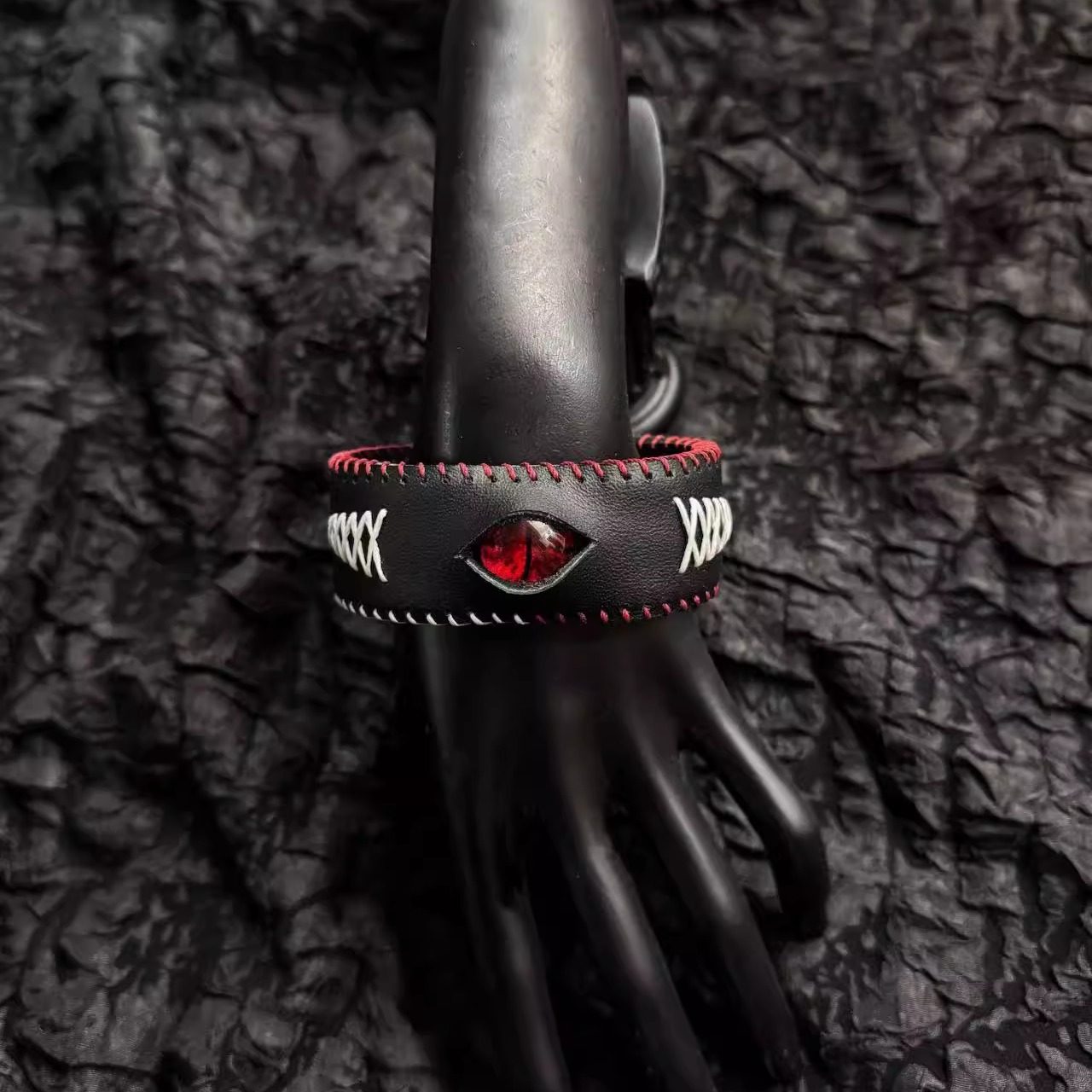 Gothic Black Leather X-Stitch Bracelet - Red Dragon Eye Cuff - Red Border & Silver Studs - Dark Ritual Wristband