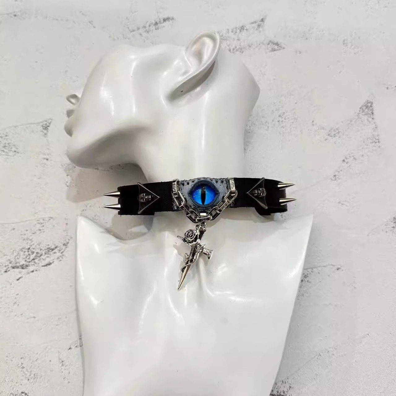 2-in-1 Gothic Black Leather Choker & Wrap Bracelet - Blue Dragon Eye Necklace - Silver Gun & Rose Charm - Punk Rock Jewelry