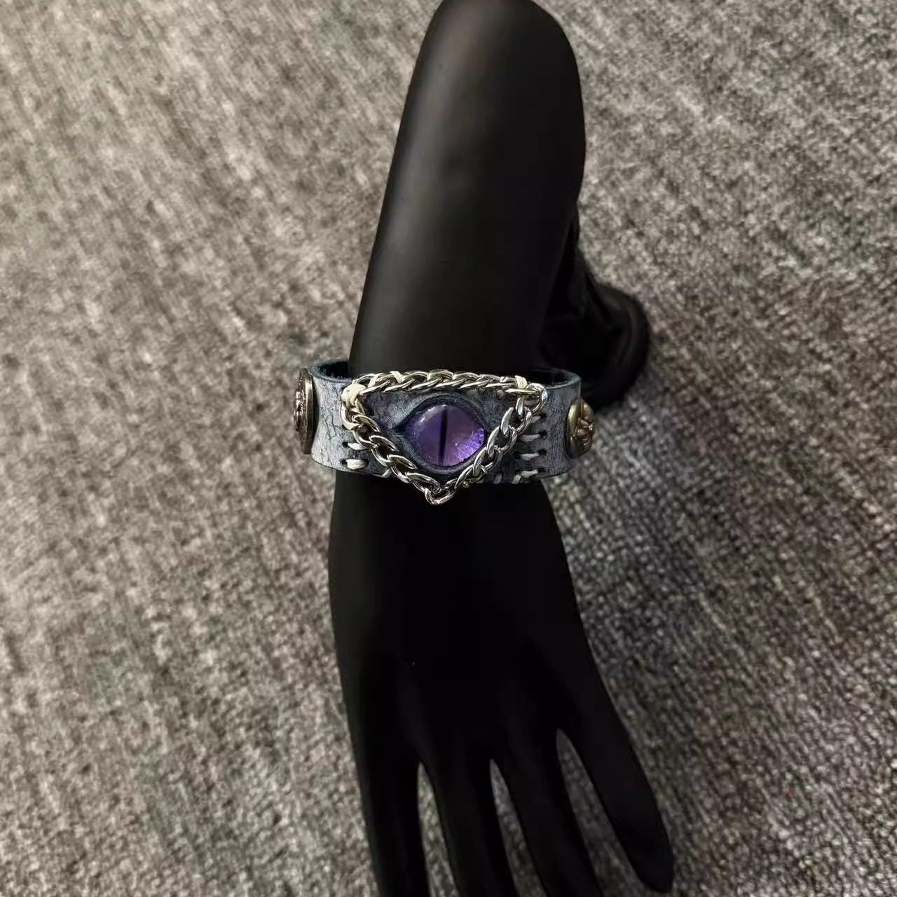 Celestial Ice Blue Leather Bracelet - Purple Dragon Eye Cuff - Star Studded Fantasy Wristband - Galaxy Aesthetic