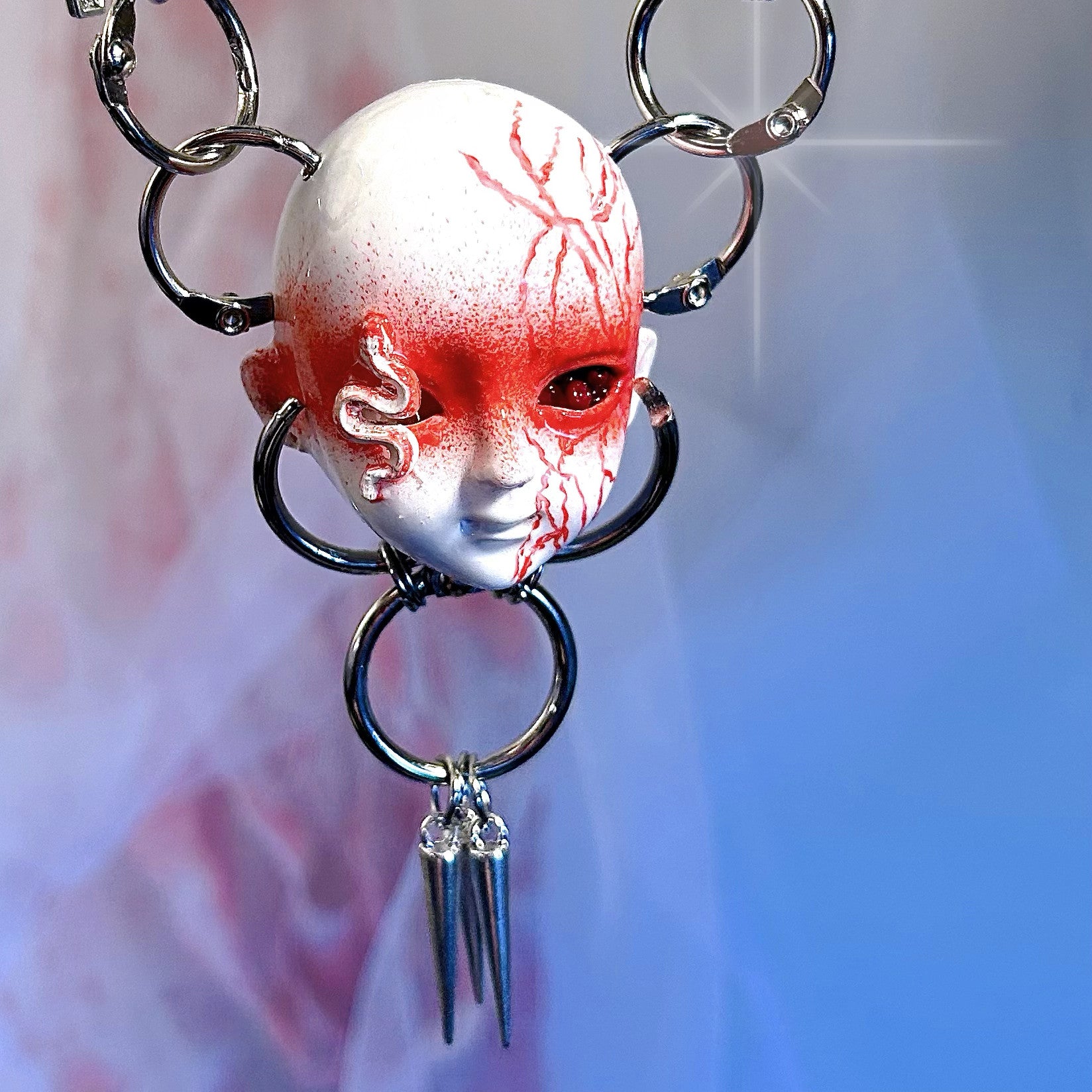 Bio-Horror "Infected" Doll Face Choker with White Snake & Red Veins - White Leather Bondage Straps
