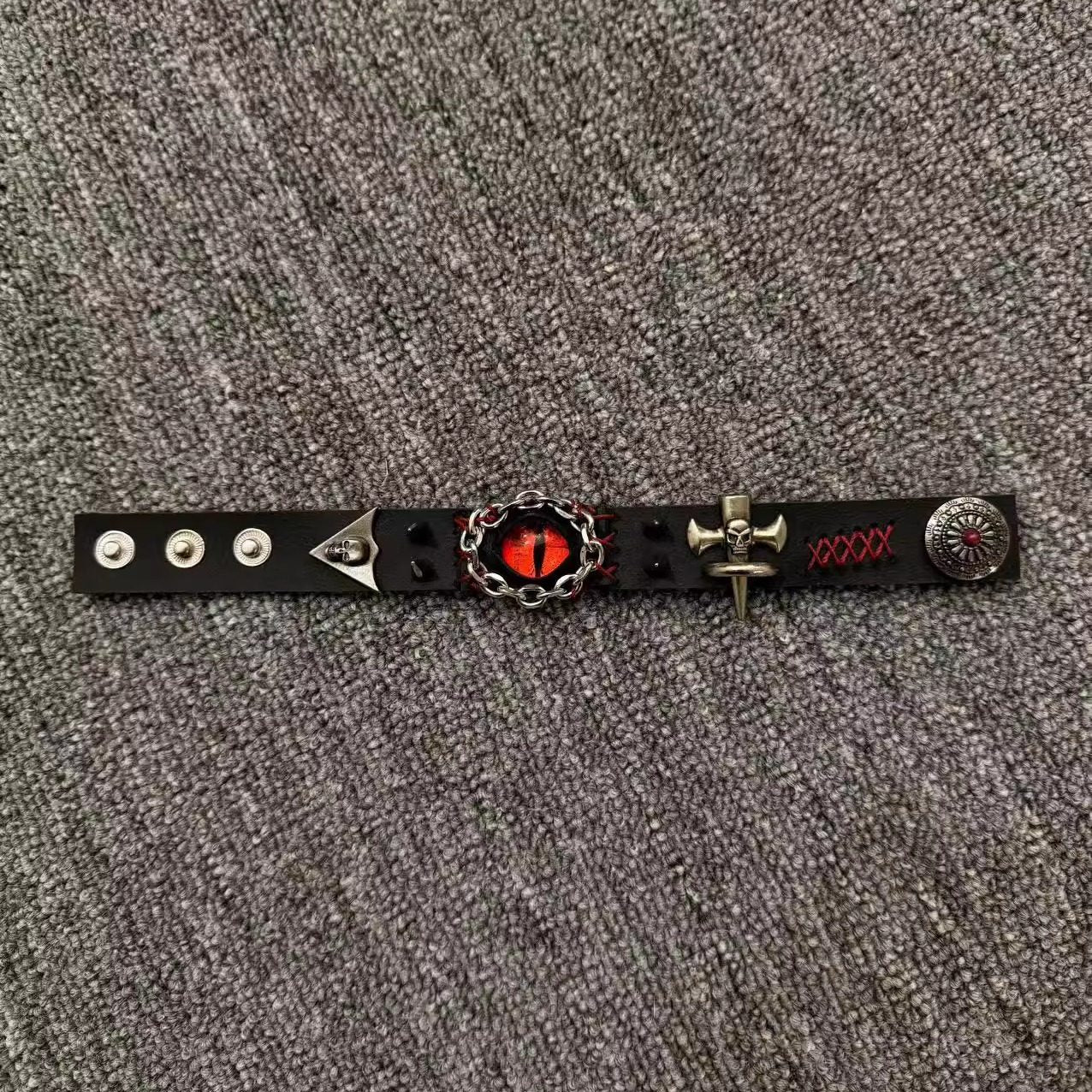 Gothic Black Leather Stitched Bracelet - Red Dragon Eye Cuff with Skull & Cross - Dark Punk Rock Wristband