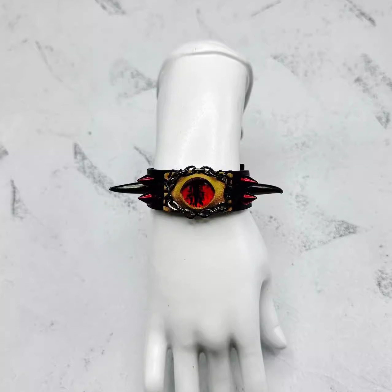 Gothic Dragon Eye Leather Bracelet - Spiked Punk Wristband - Realistic Demon Eyeball Cuff