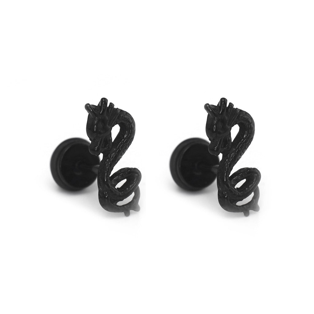 PAIR OF Engraved Dragon Silver & Black Externally Threaded Stainless Steel Ear Studs