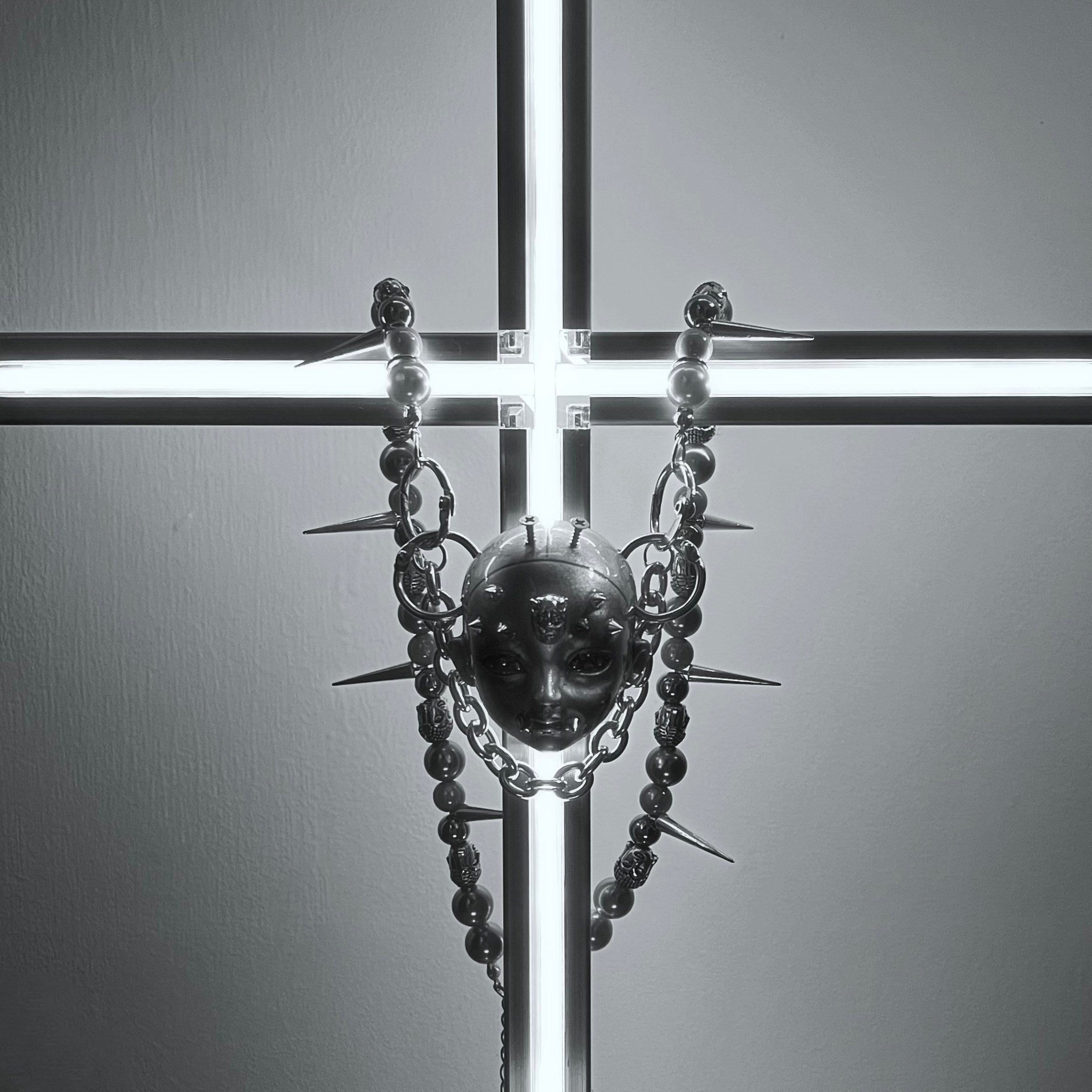 Silver Metallic "Third Eye" Crying Doll Face Choker - Black Leather & Gothic Cross Studs