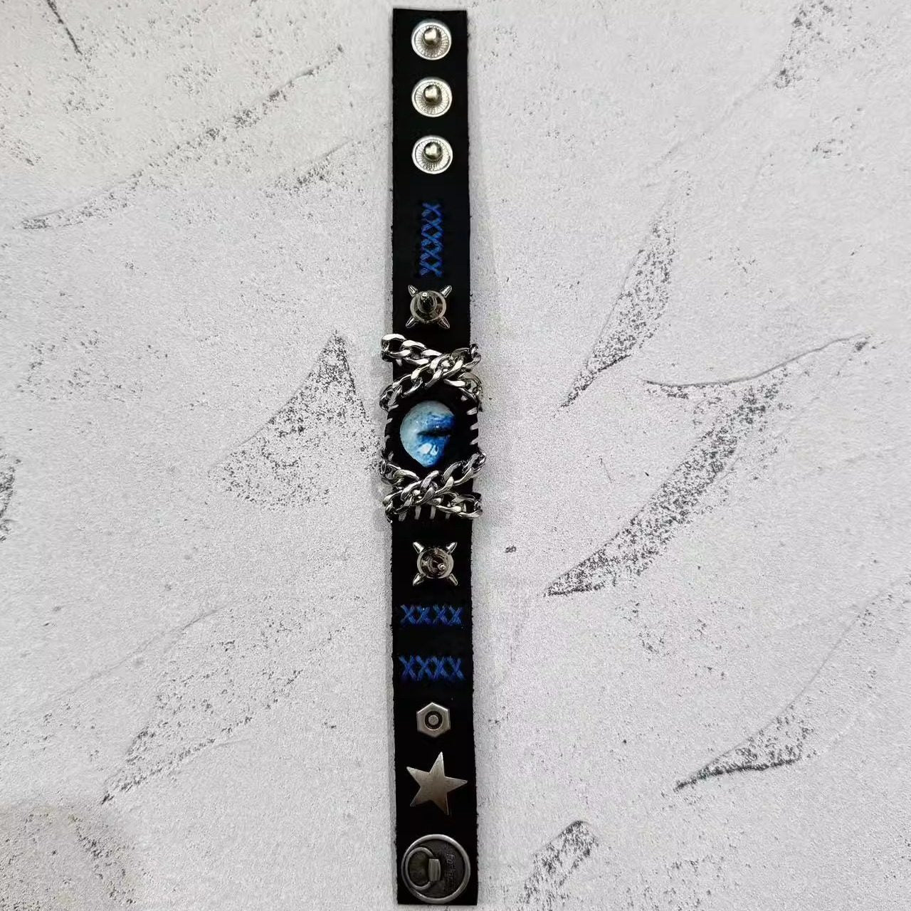 Gothic Black Leather Blue Dragon Eye Bracelet - Spiked Chain Cuff - Electric Blue Pupil Wristband - Cyberpunk Aesthetic