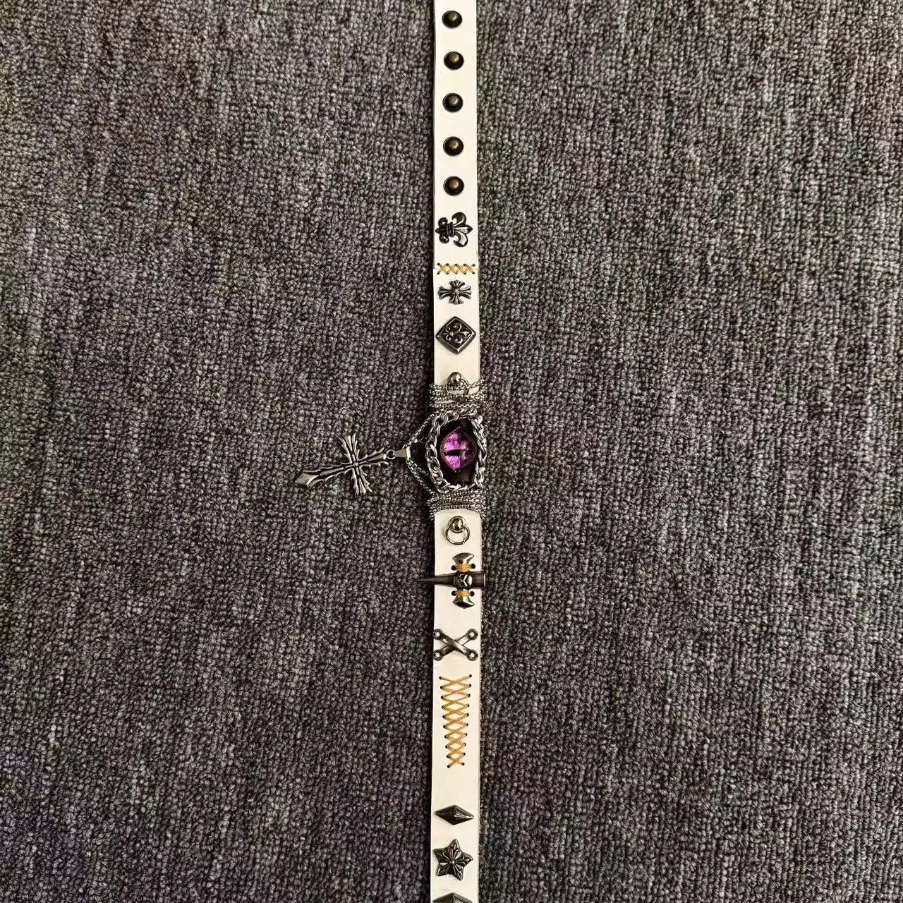 2-in-1 Gothic White Leather Choker & Wrap Bracelet - Purple Dragon Eye Cross Necklace - Convertible Punk Jewelry