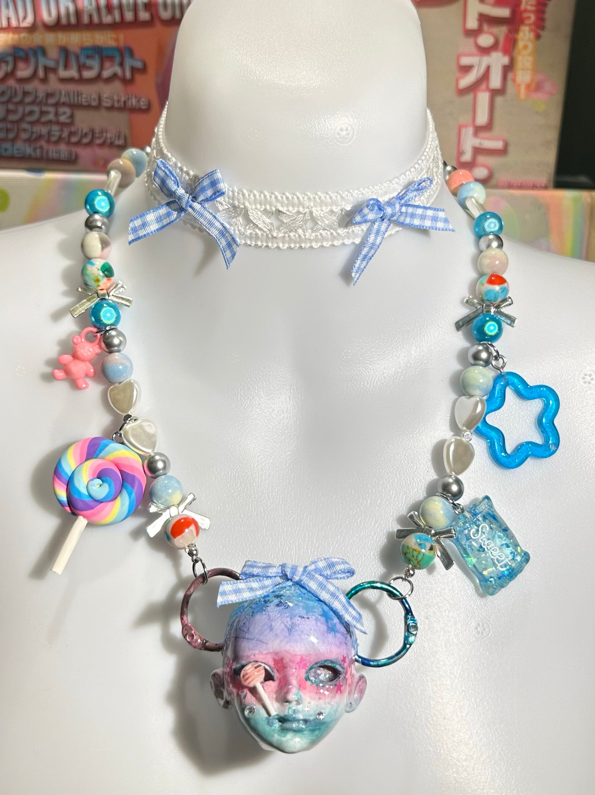 Sweet Lolita Pastel Doll Face Necklace with Rainbow Lollipop & Blue Gingham Bows