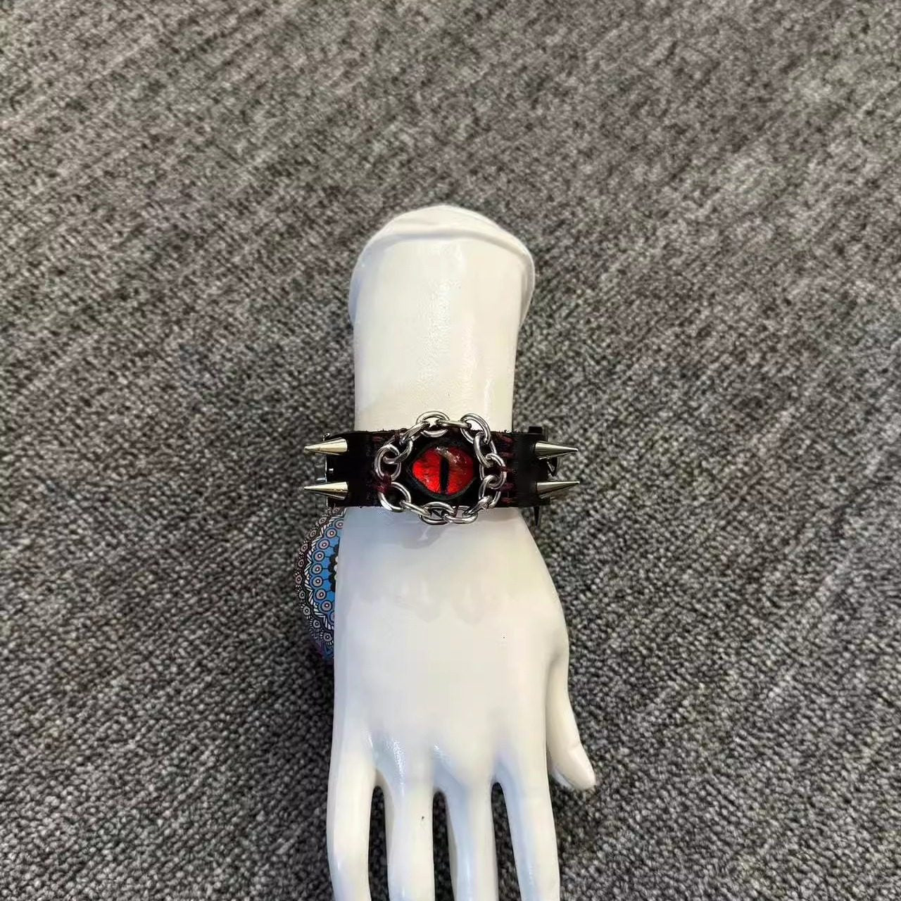 Gothic Black Leather Stitched Bracelet - Red Dragon Eye Cuff with Skull & Cross - Dark Punk Rock Wristband