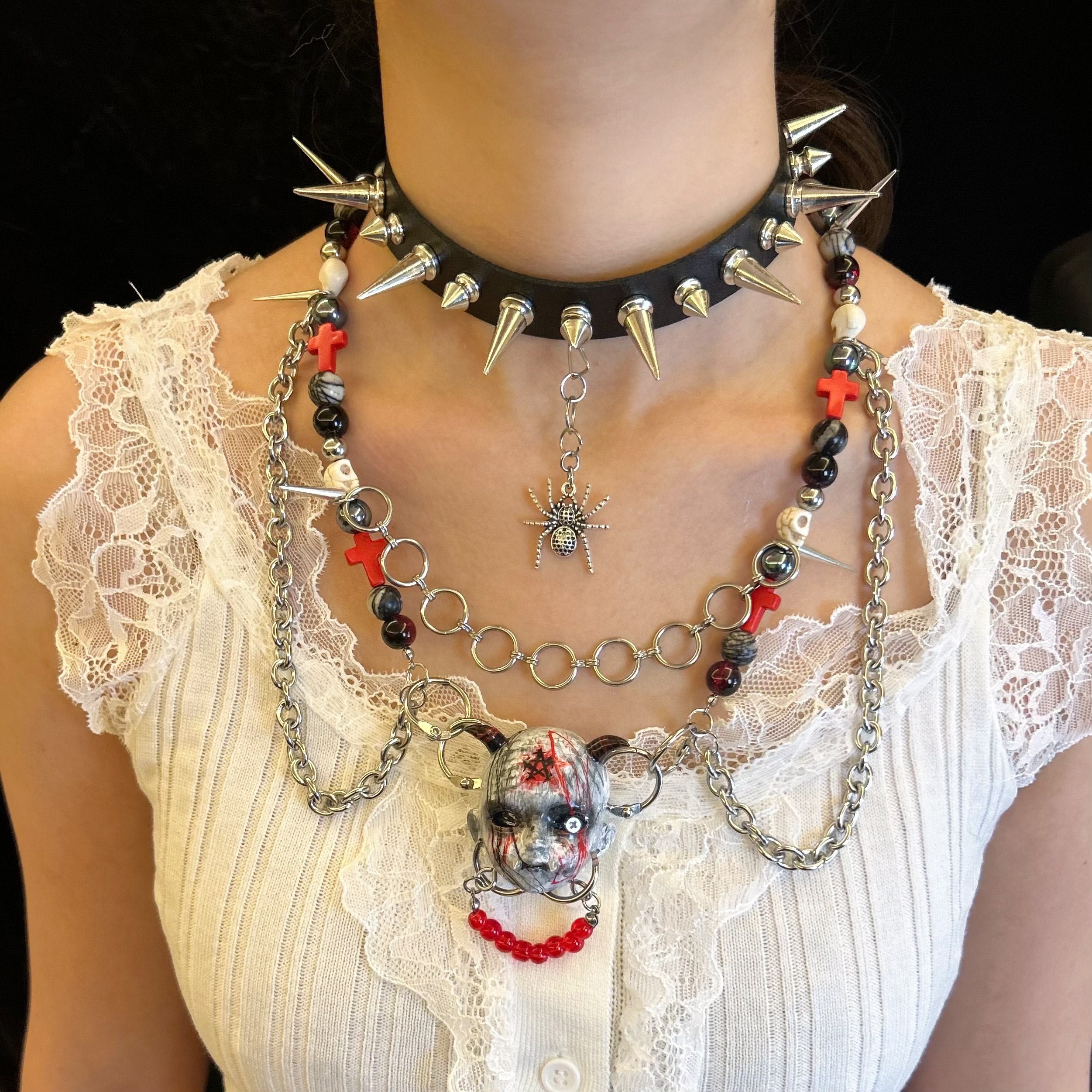 Occult Vampire Demon Doll Face Necklace - Bloody Pentagram, Fangs & Heavy Chains With Chocker
