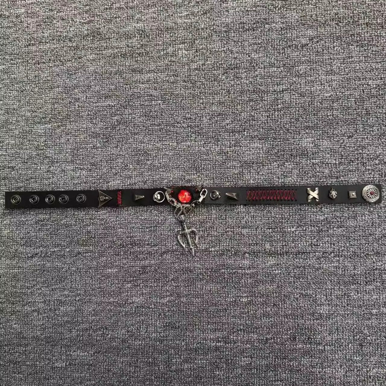 2-in-1 Gothic Black Leather Choker & Wrap Bracelet - Red Dragon Eye Necklace - Silver Trident Charm - Devil Pitchfork Jewelry