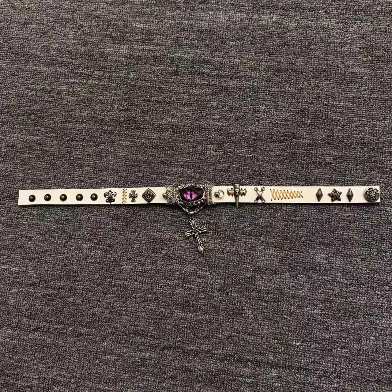 2-in-1 Gothic White Leather Choker & Wrap Bracelet - Purple Dragon Eye Cross Necklace - Convertible Punk Jewelry