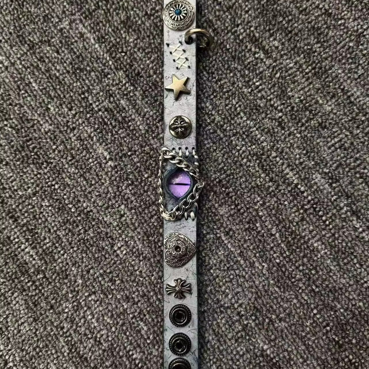 Celestial Ice Blue Leather Bracelet - Purple Dragon Eye Cuff - Star Studded Fantasy Wristband - Galaxy Aesthetic