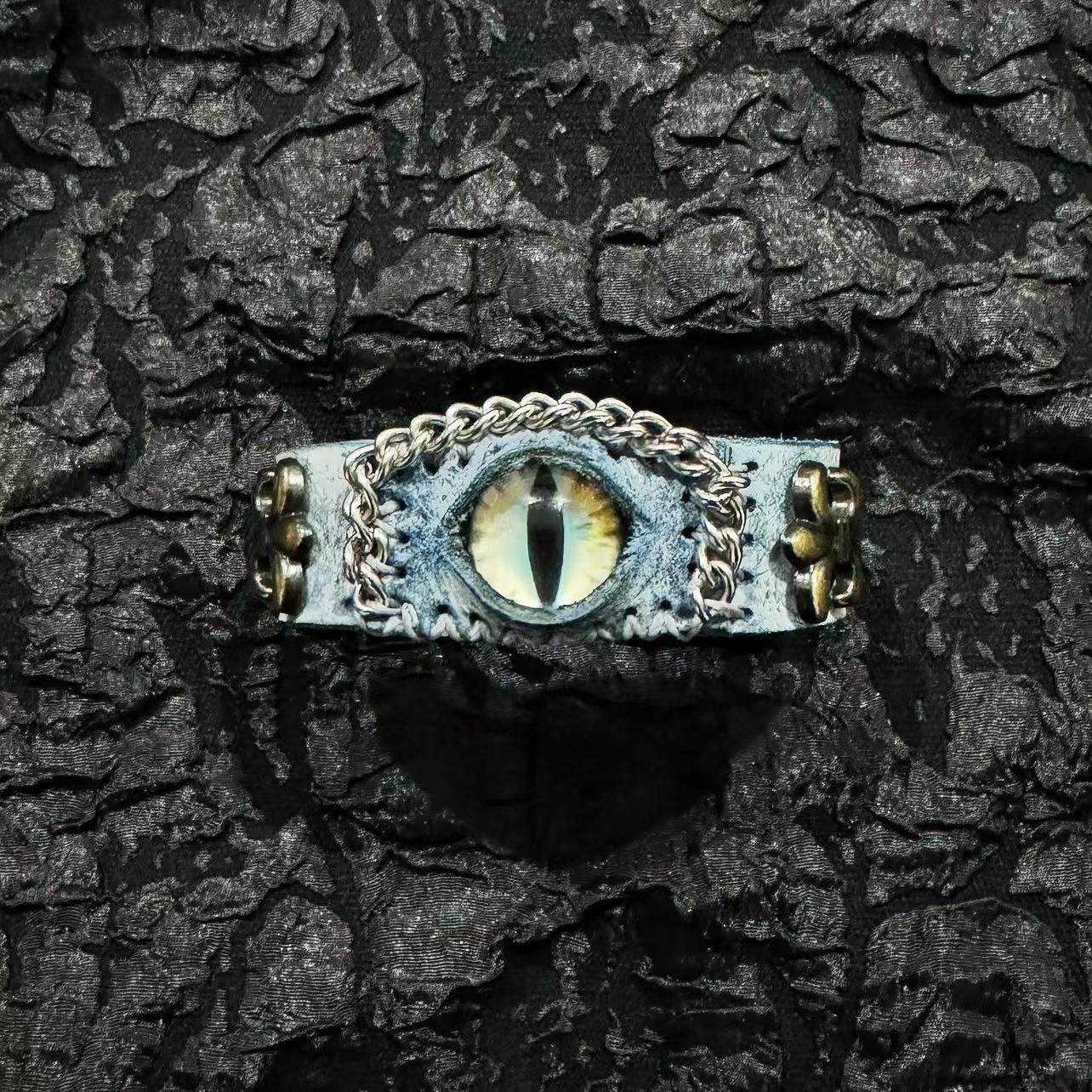 Ancient Grey Leather Dragon Eye Bracelet - Blue Runic Pattern Cuff - Nordic Viking Style Wristband - Vintage Brass Studs