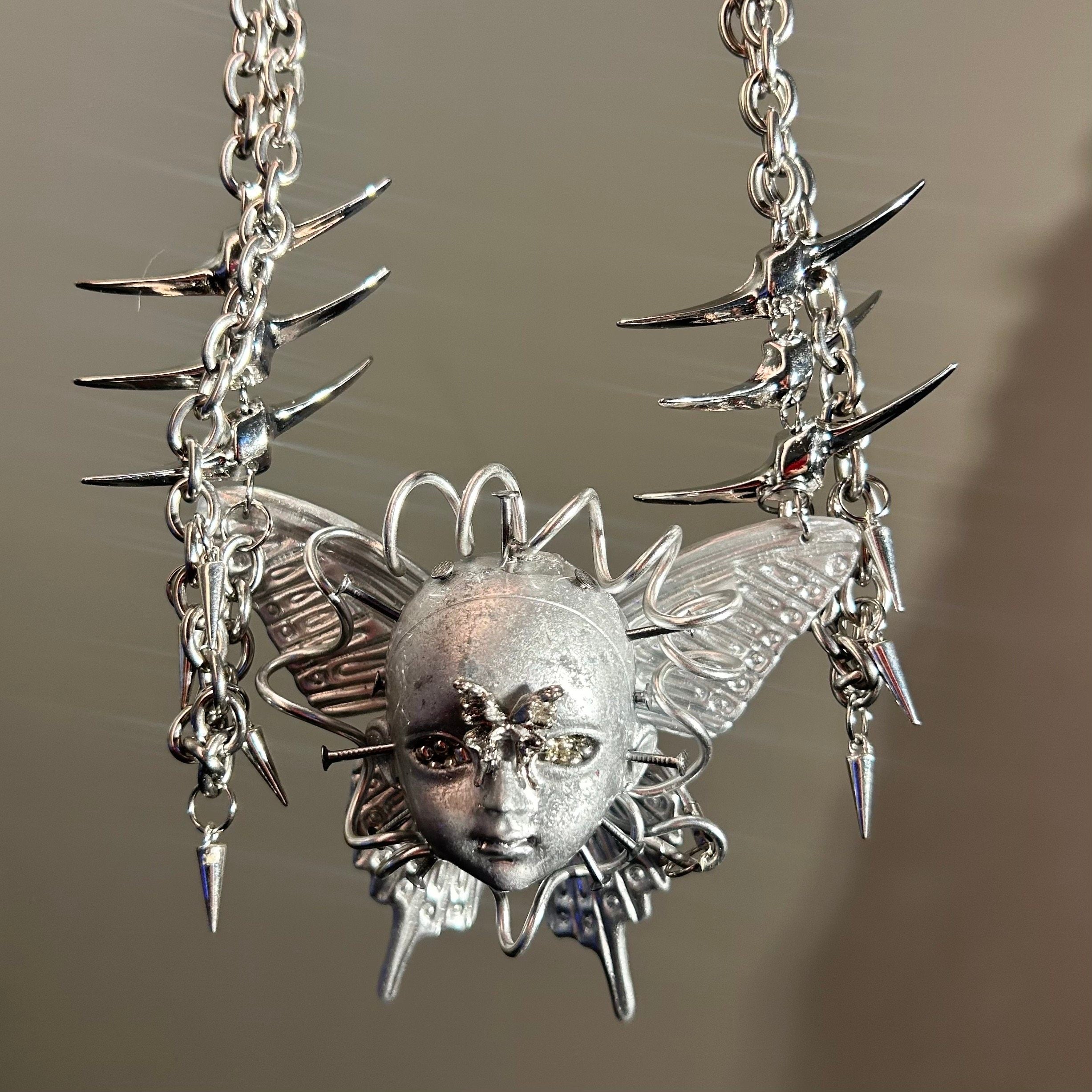 Cyberpunk Silver Metallic Butterfly Doll Face Necklace - Wire Wrapped & Spiked Chains