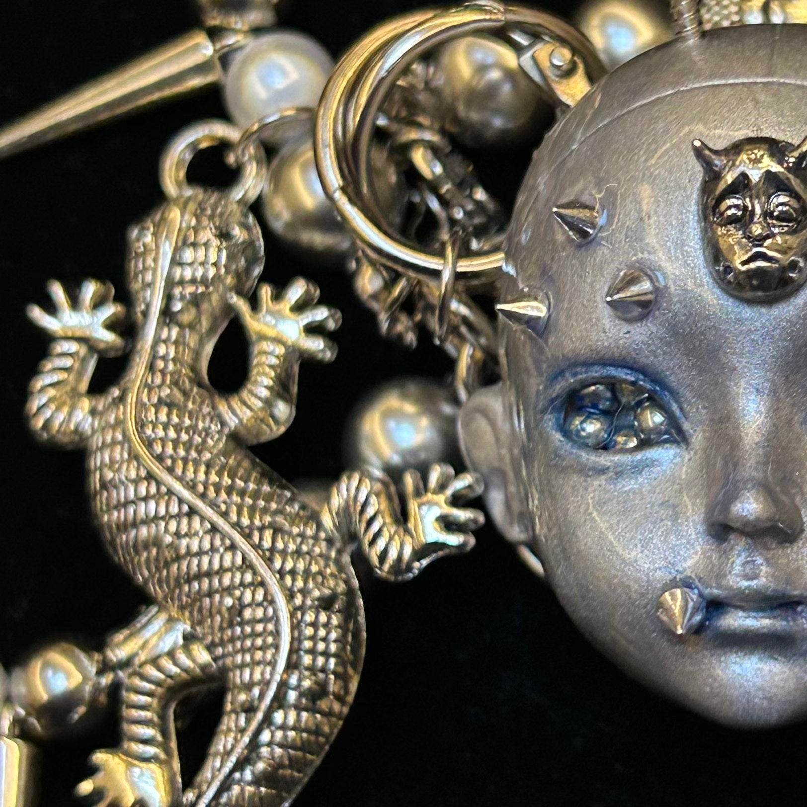 Silver Metallic "Third Eye" Crying Doll Face Choker - Black Leather & Gothic Cross Studs