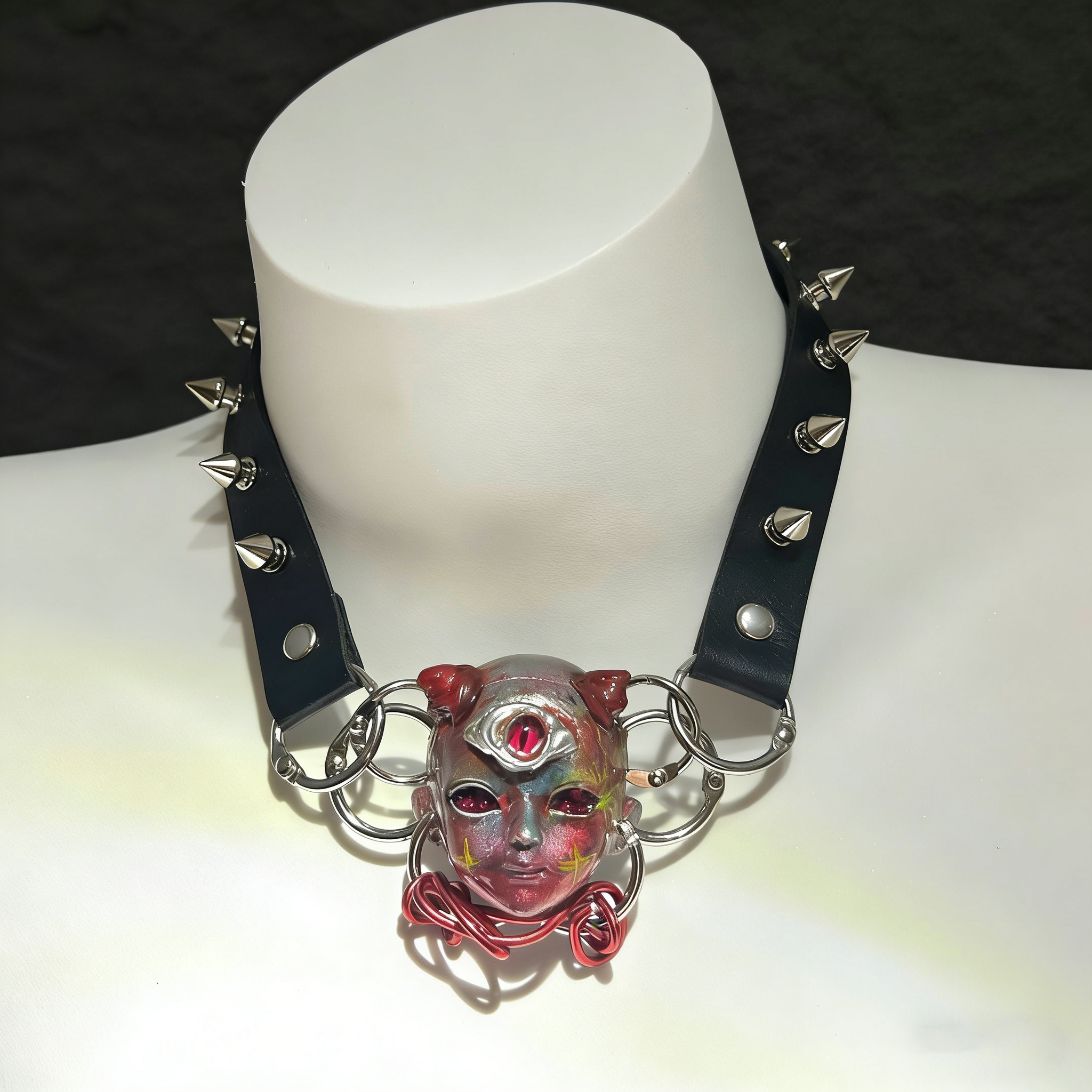 Industrial Grunge "Mutant" Third Eye Doll Choker - Red Wire & Large O-Rings