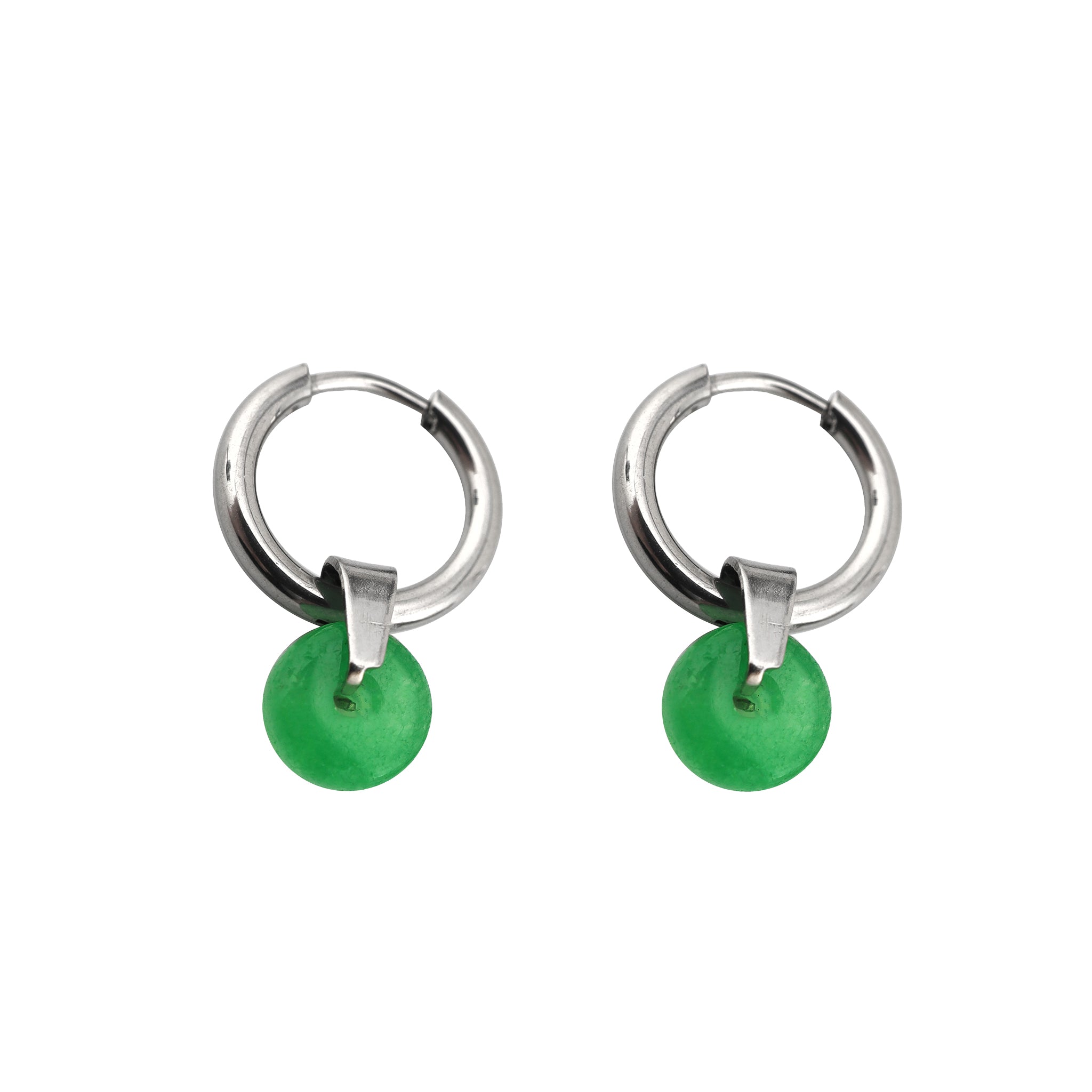 White & Green Simulated Jade Pendant Stainless Steel Earrings
