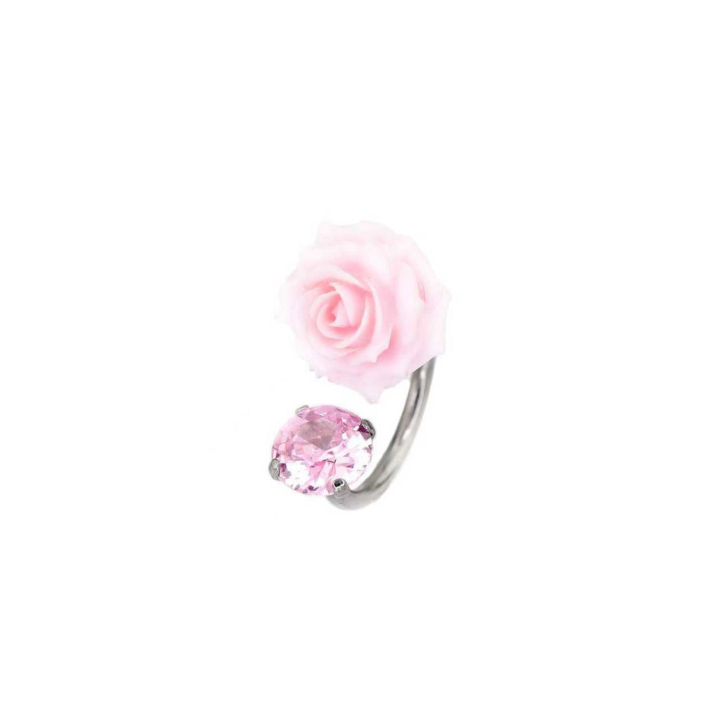 3D Pink Resin Rose & CZ Titanium Horseshoe Rings