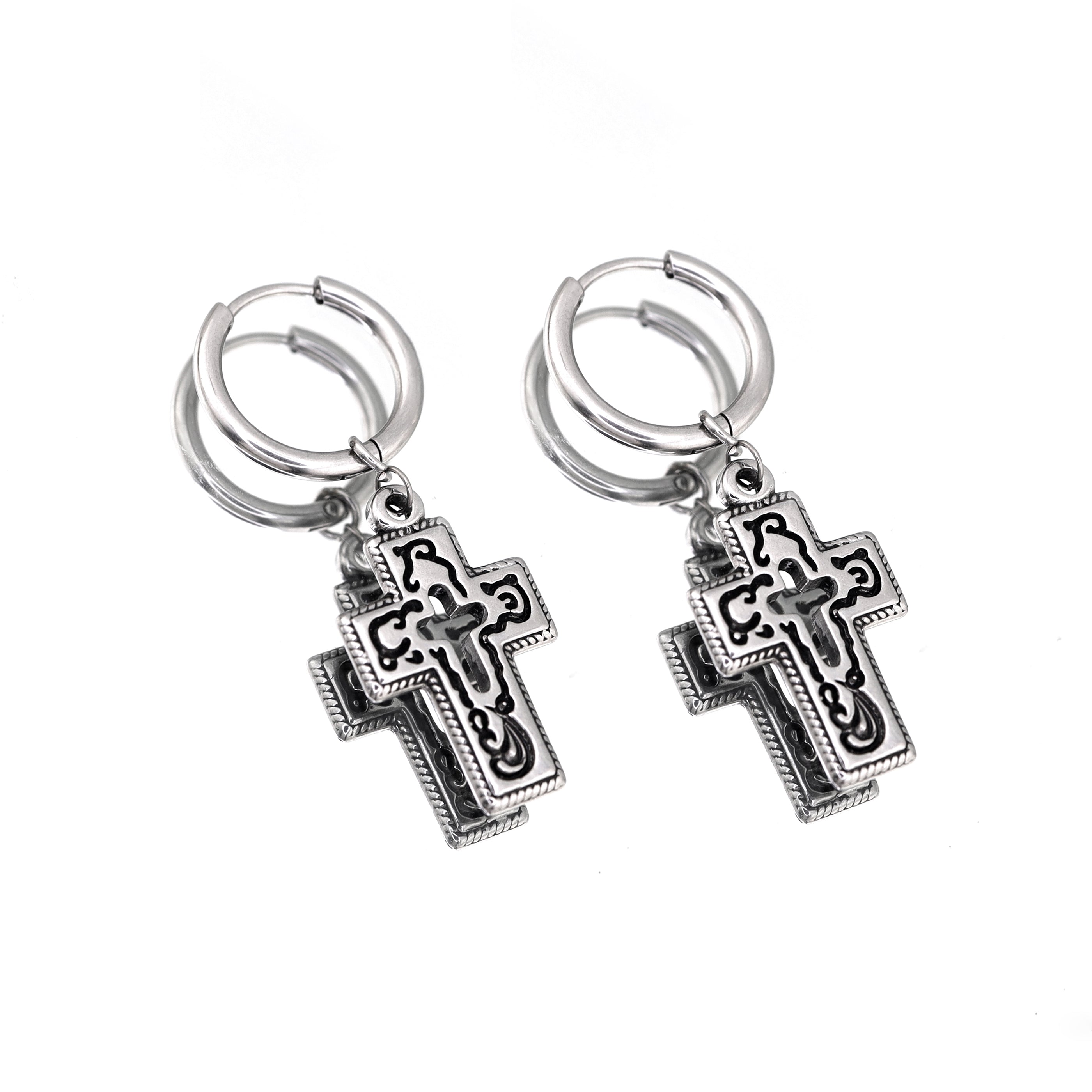PAIR OF Openwork Gothic Cross stainl ess steel Earring