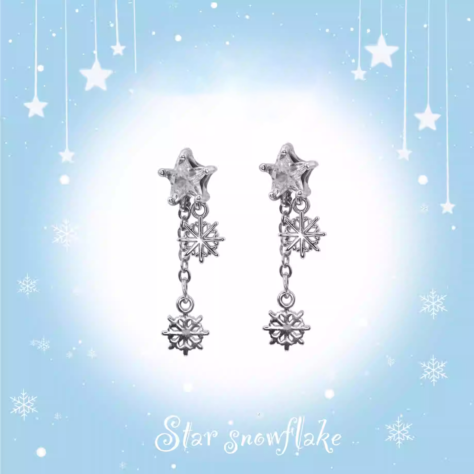 Christmas - PAIR OF Snowflake Pentagram Dangle Stainless Steel Ear Studs