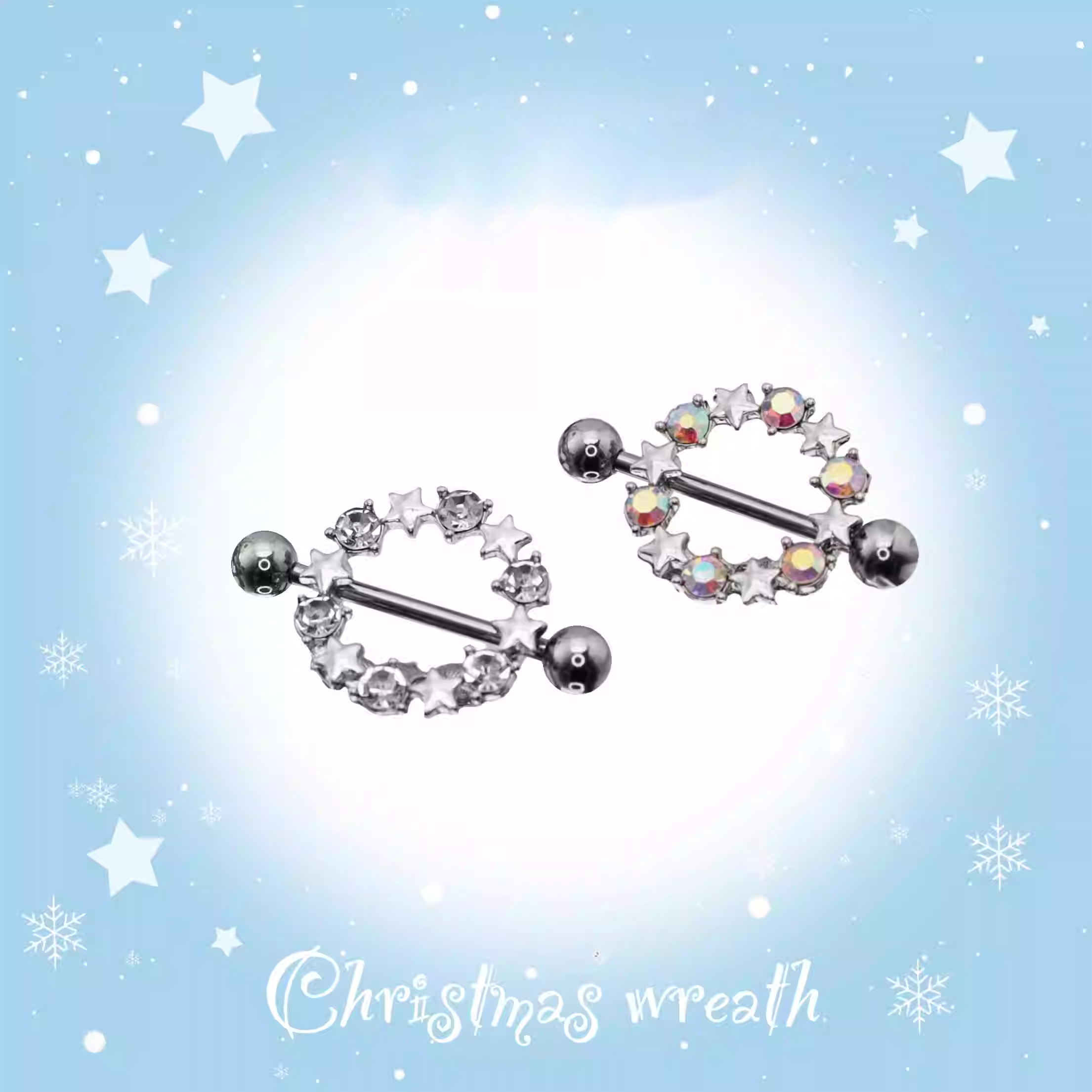 Christmas - PAIR OF Pentagram Floral Halo stainless steel Nipple Rings