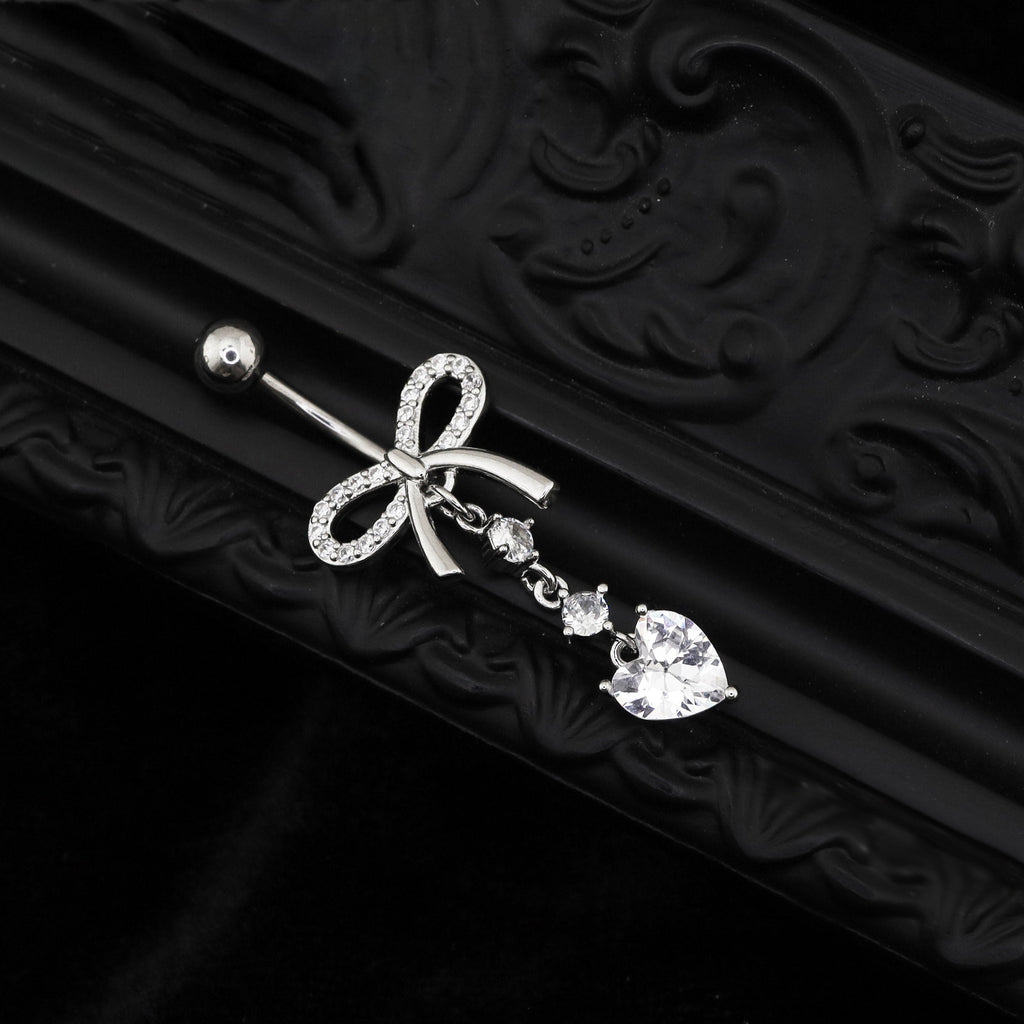 Heart-shaped CZ bow tie Dangle Belly Ring