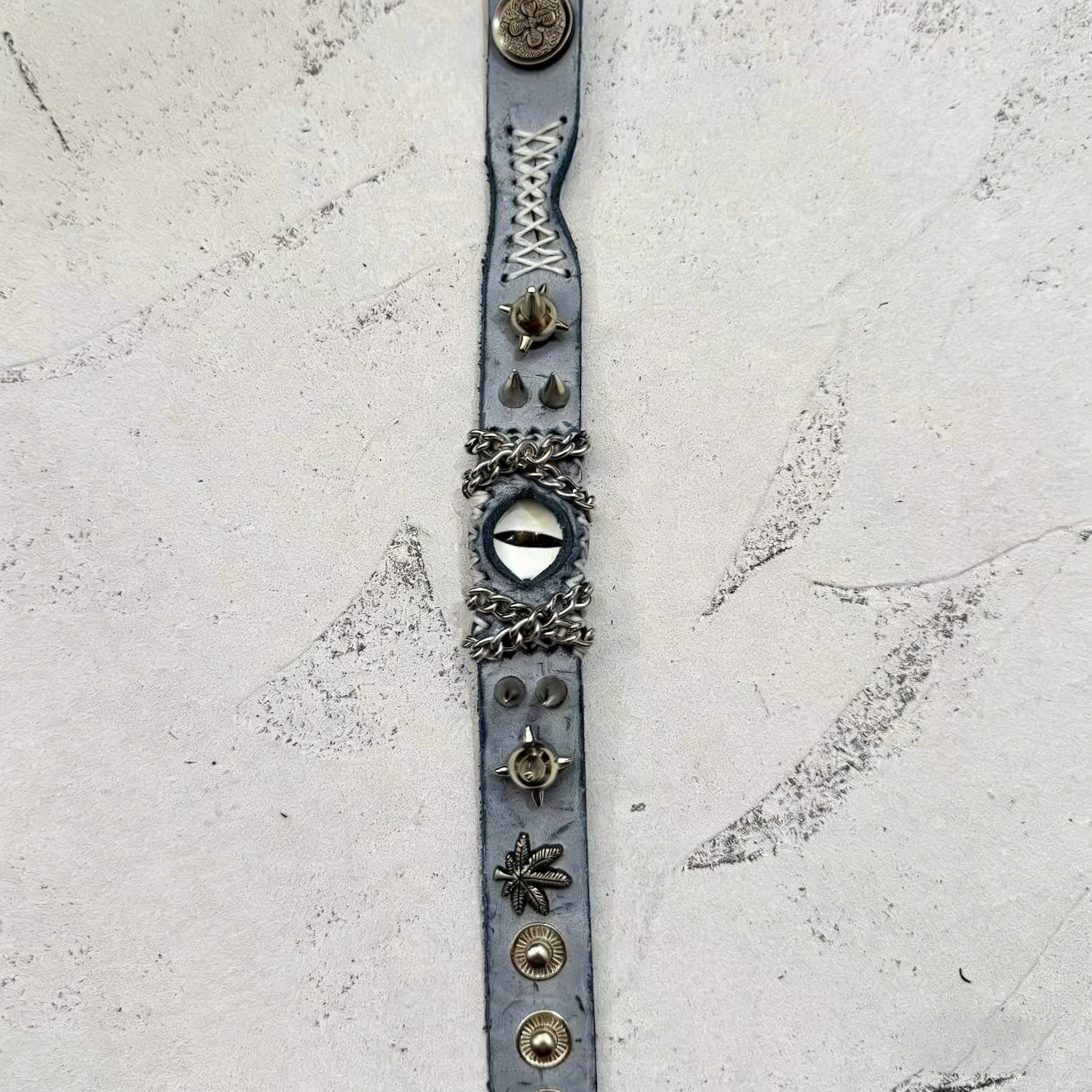 Gothic Acid Wash Blue Leather Bracelet - White Dragon Eye Spiked Cuff - Grunge Silver Chain Wristband - Winter Punk Aesthetic
