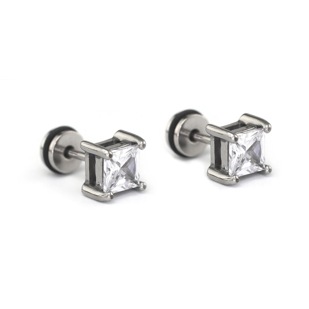 PAIR OF Minimalist Square CZ Stainless Steel Ear Studs