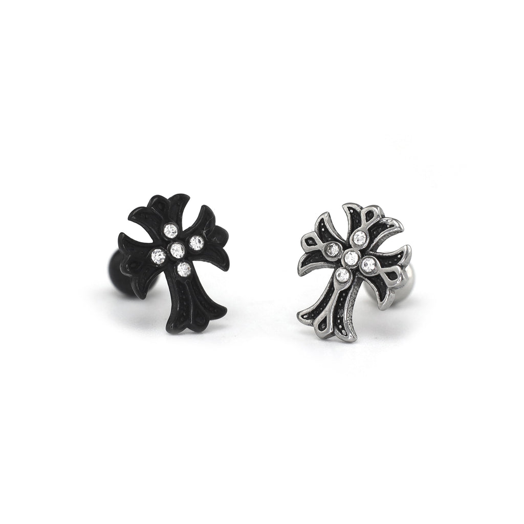 PAIR OF 16G CZ Chrome Hearts Style Cross Stainless Steel Ear Studs