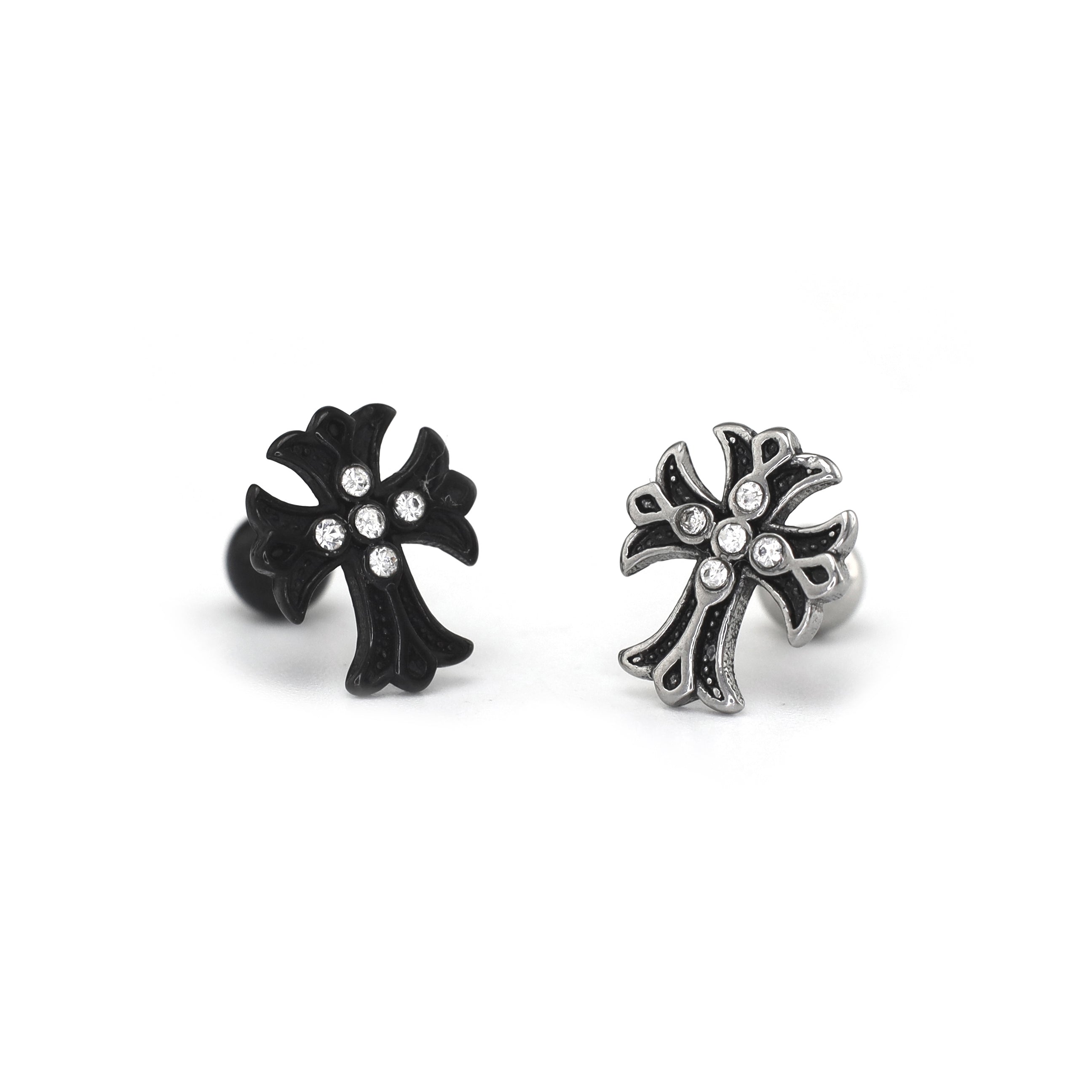 PAIR OF 16G CZ Chrome Hearts Style Cross Stainless Steel Ear Studs