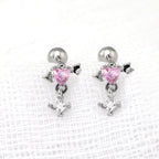20G Arrow Through Pink Heart CZ Dangle Ear Studs