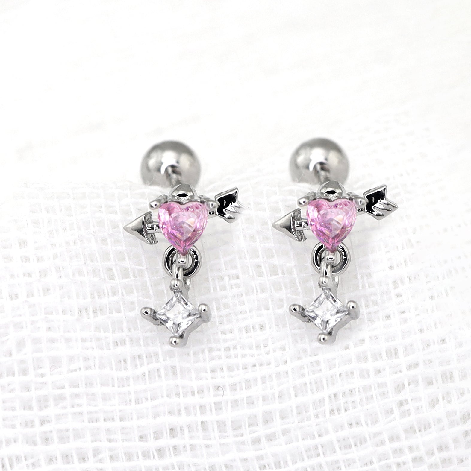 20G Arrow Through Pink Heart CZ Dangle Ear Studs