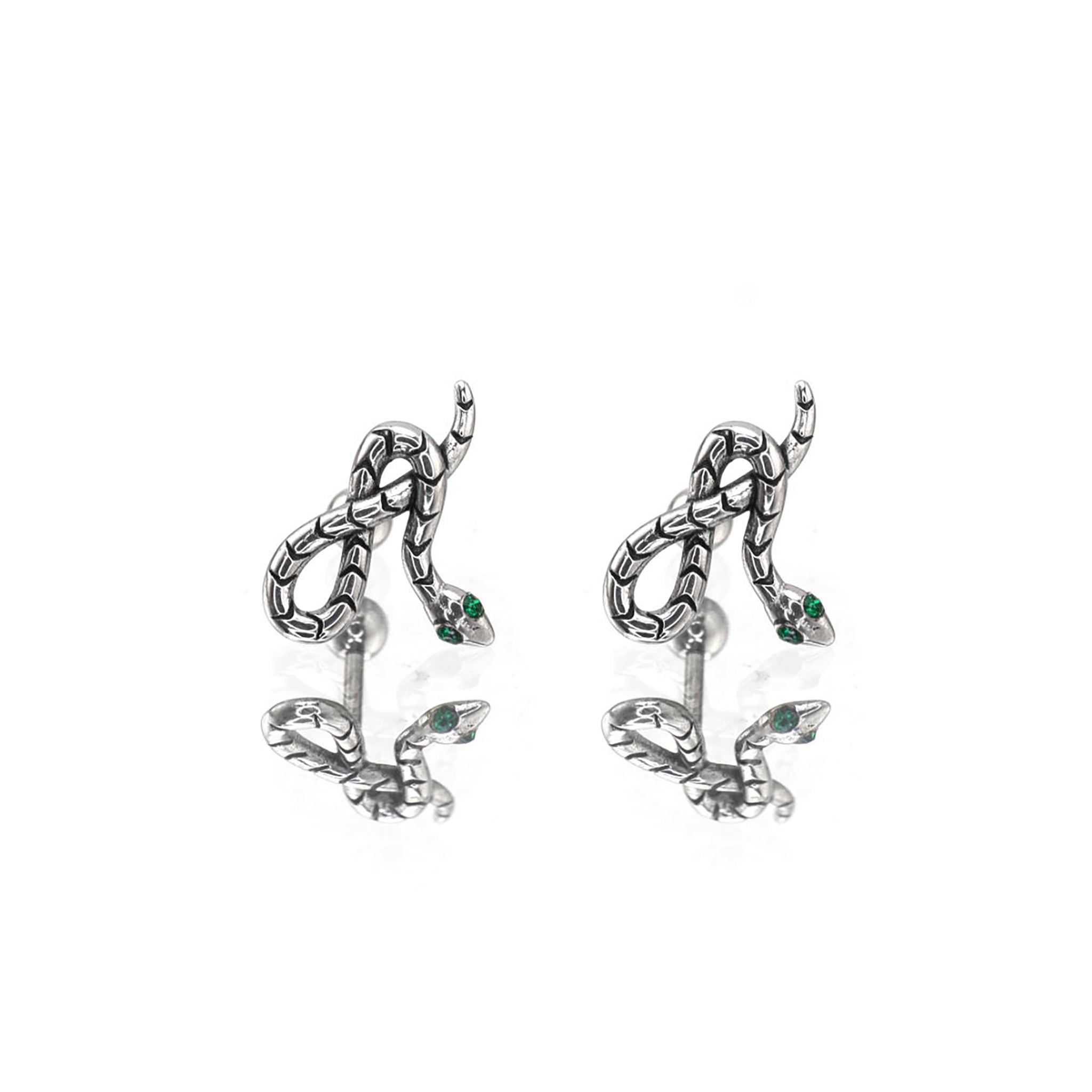3D Green Eye Coiled Snake CZ Stainless Steel Ear Studs