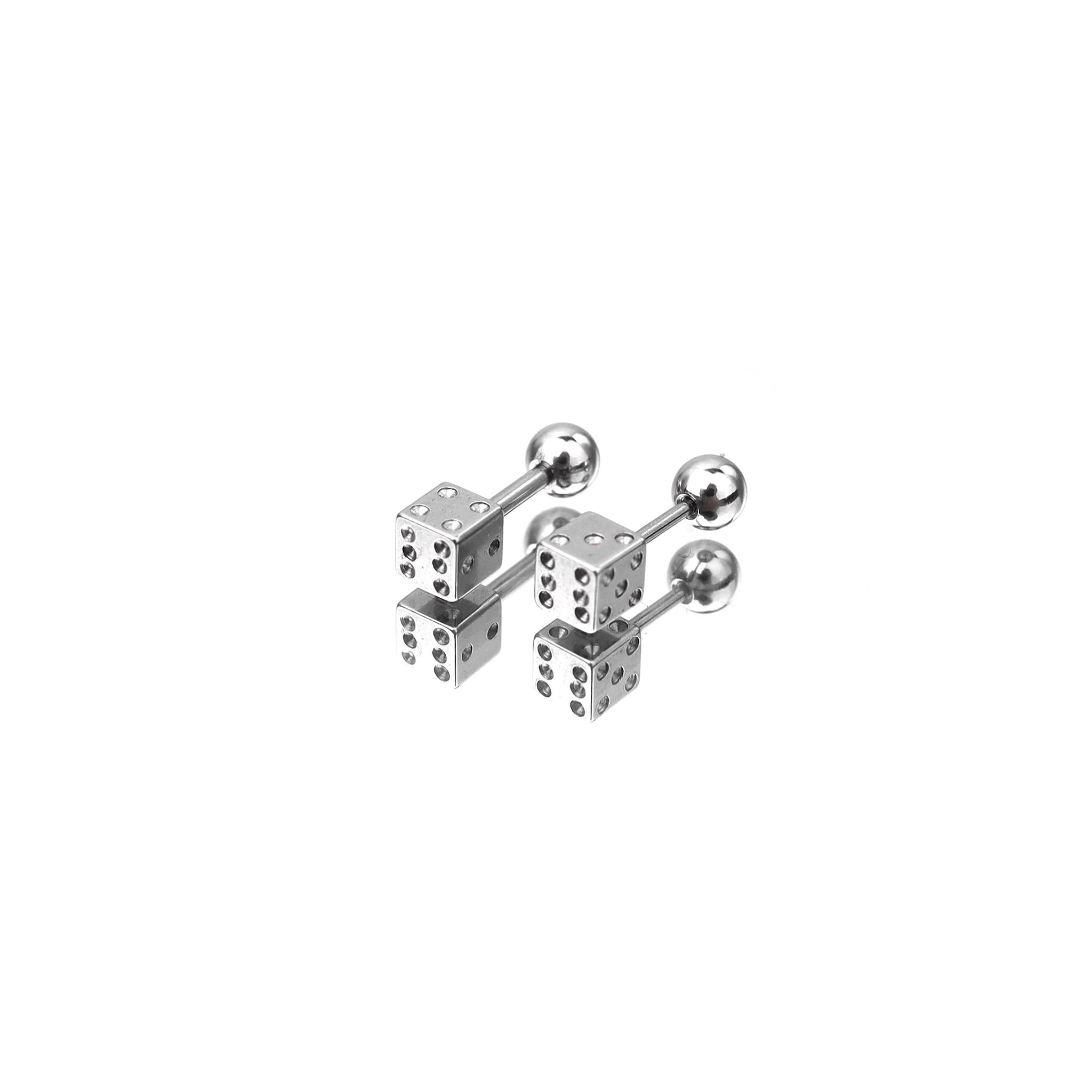 Silver Single-End Dice Externally Threaded Stainless Steel Ear Studs