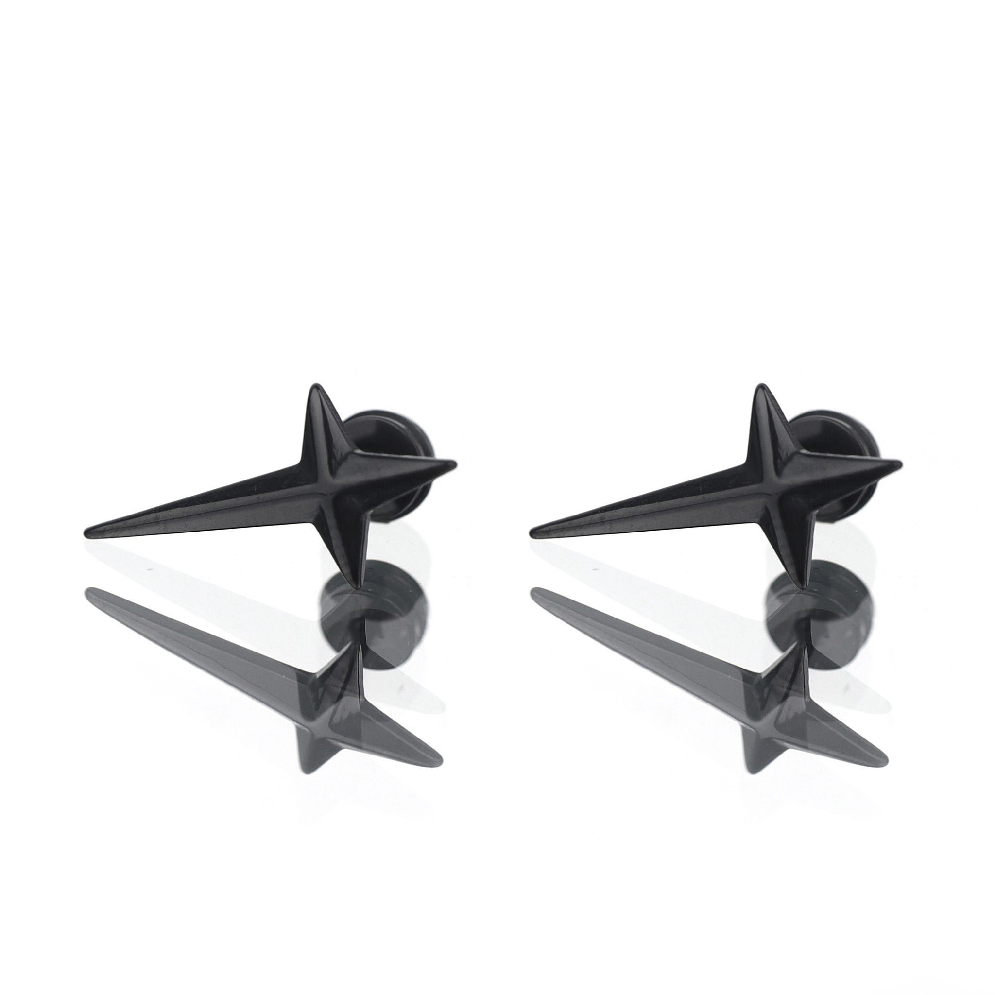 Large Black & White 3D Four-Point Star Externally Threaded Stainless Steel Ear Studs