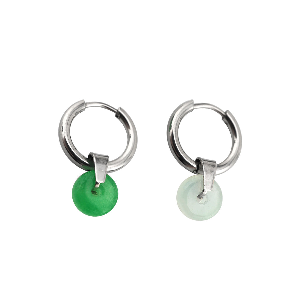 White & Green Simulated Jade Pendant Stainless Steel Earrings